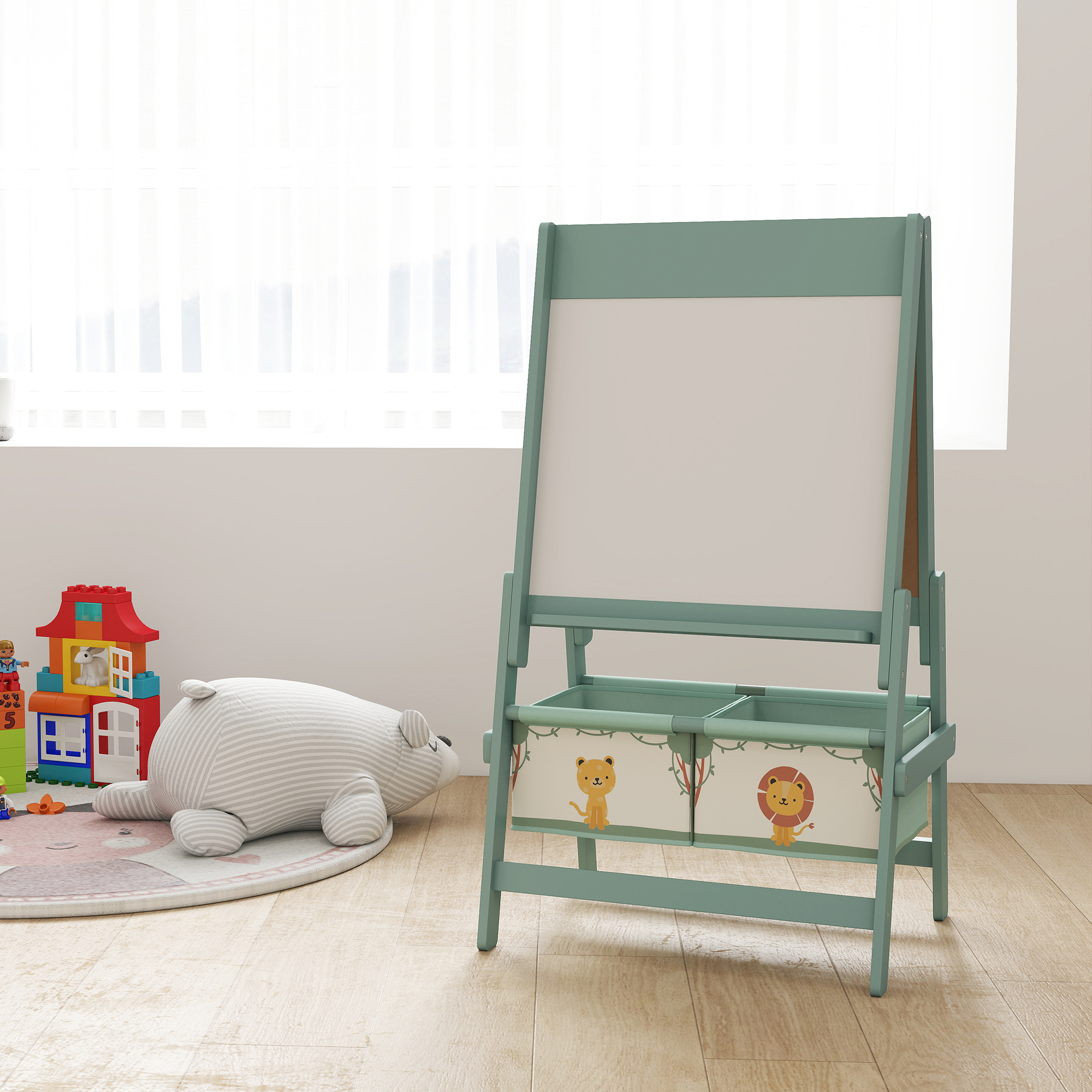 Habitación infantil con caballete, juguetes y cojín de oso frente a ventana.