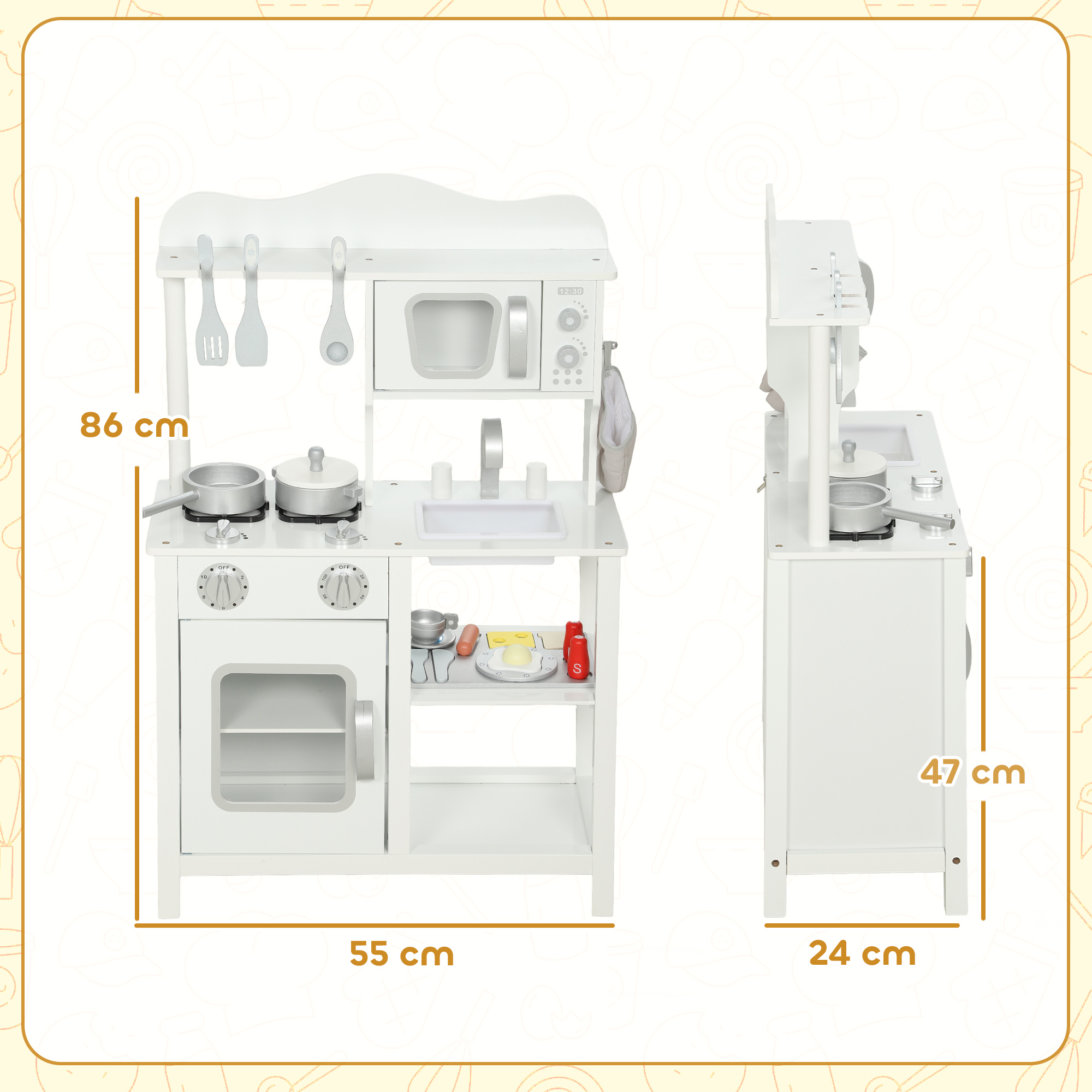 Cocina de juguete blanca con utensilios, microondas, fregadero, horno. Se muestran las dimensiones.