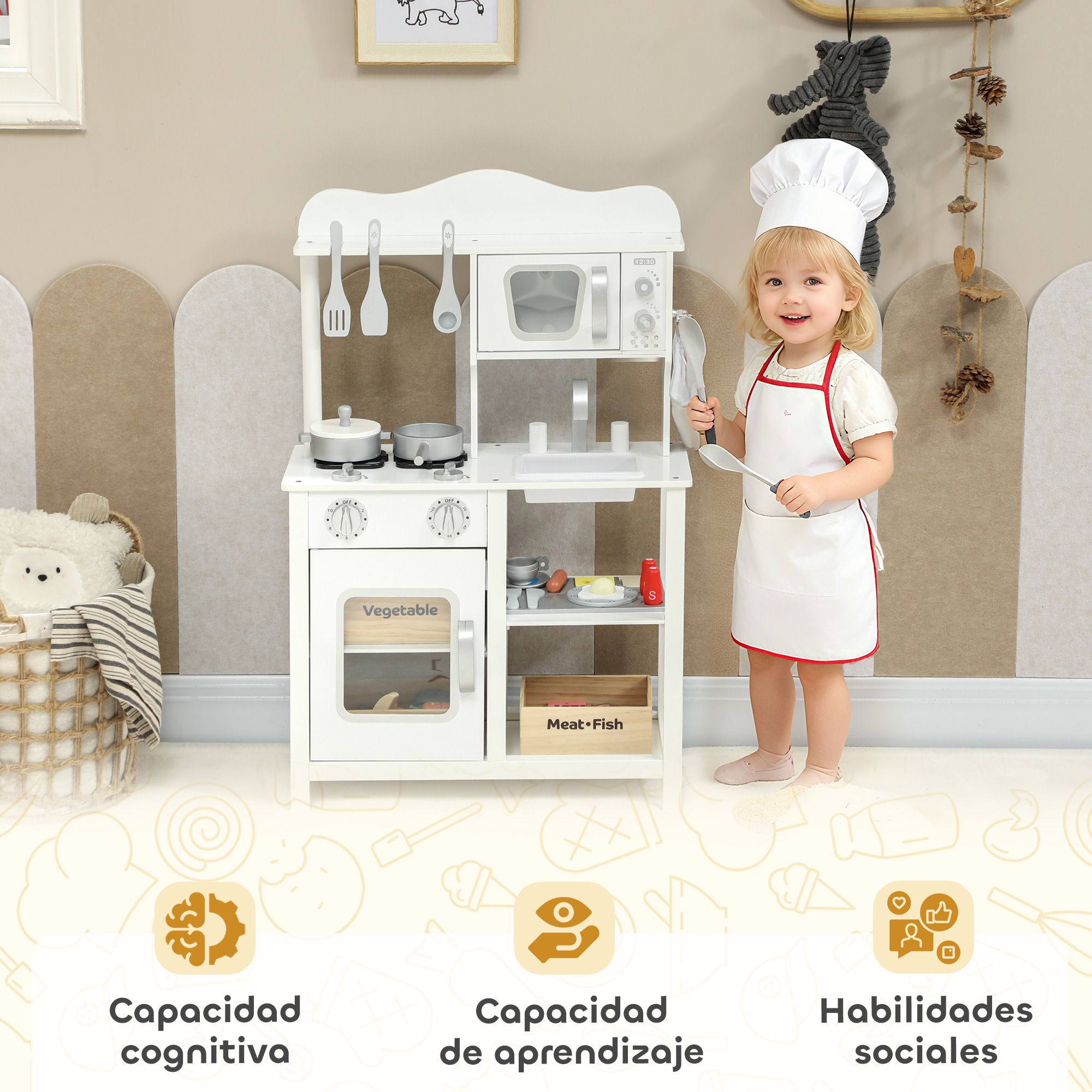 Una niña con gorro de chef y delantal juega con una cocinita de juguete.