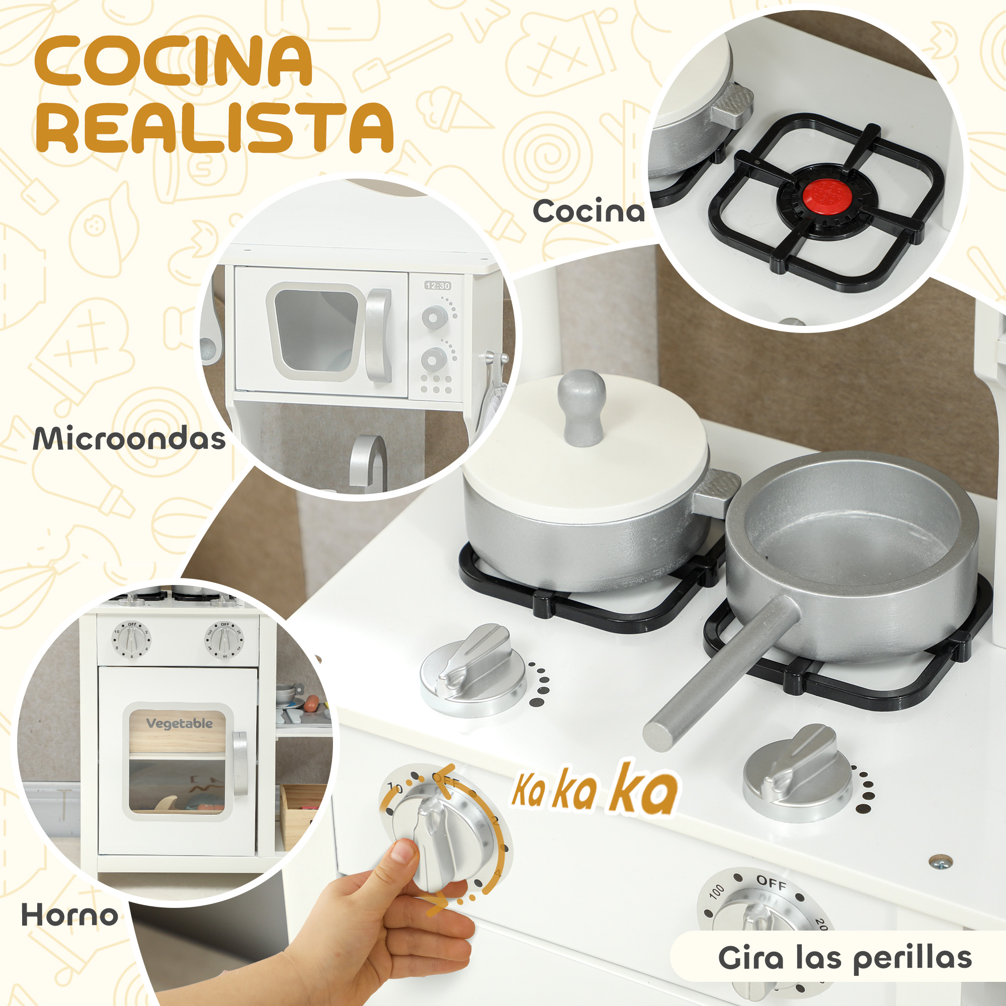 Un juego de cocina de juguete blanco con microondas, estufa y horno. Ollas y sartenes en la estufa.