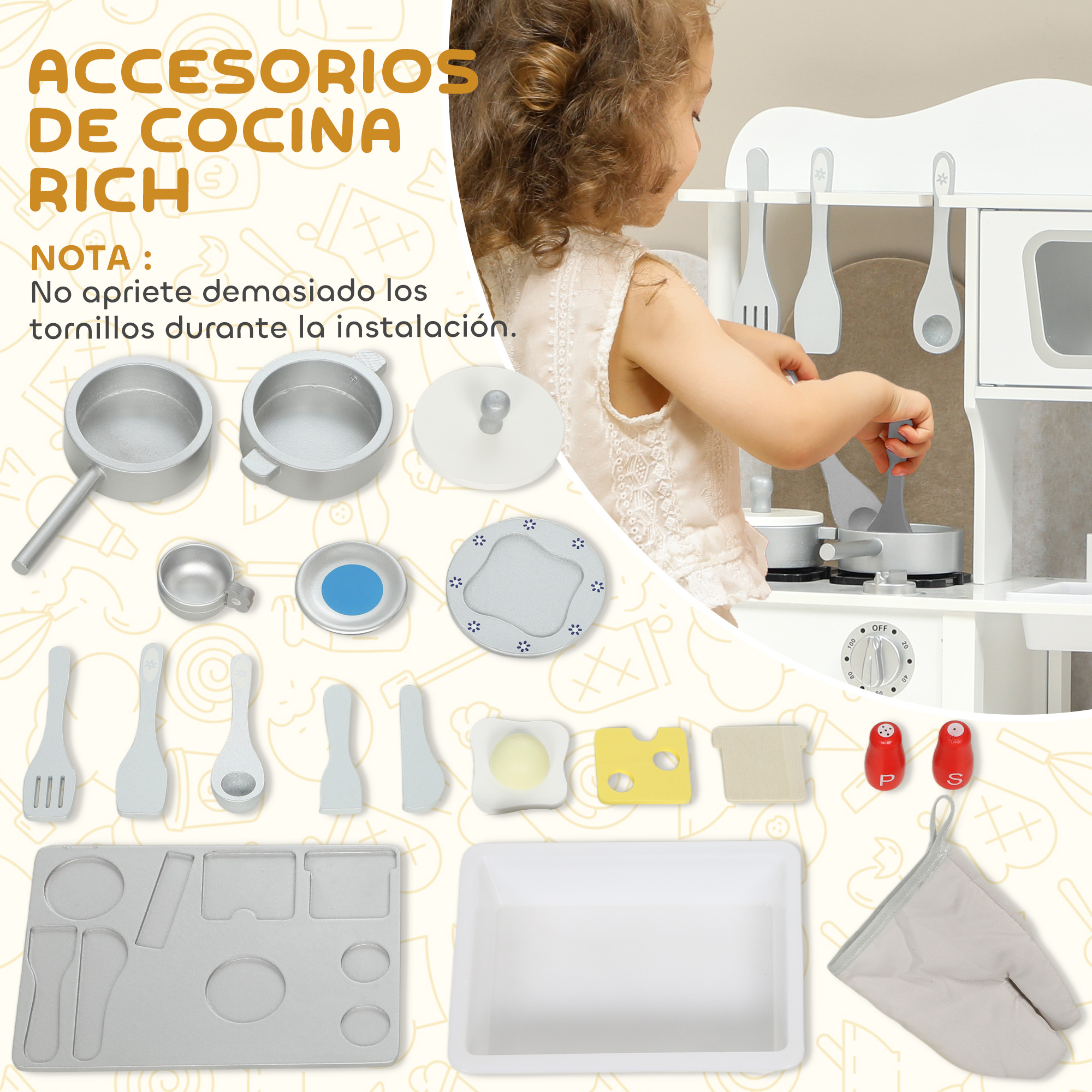 Un niño juega con una cocinita de juguete y accesorios, incluyendo ollas y sartenes.