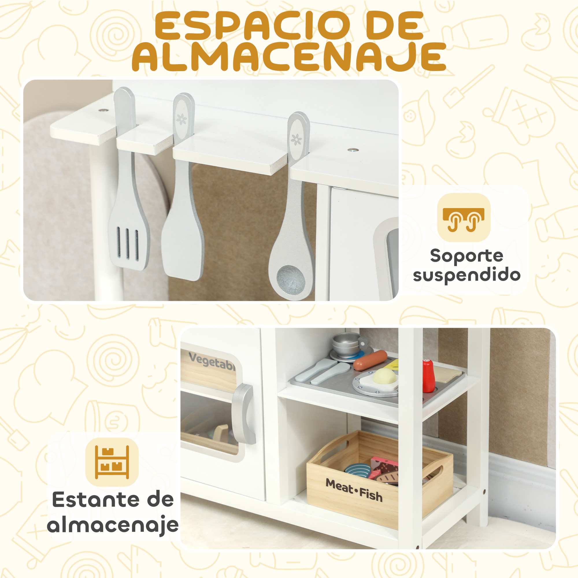 Cocina de juguete blanca con utensilios colgantes, cajones y estantes.