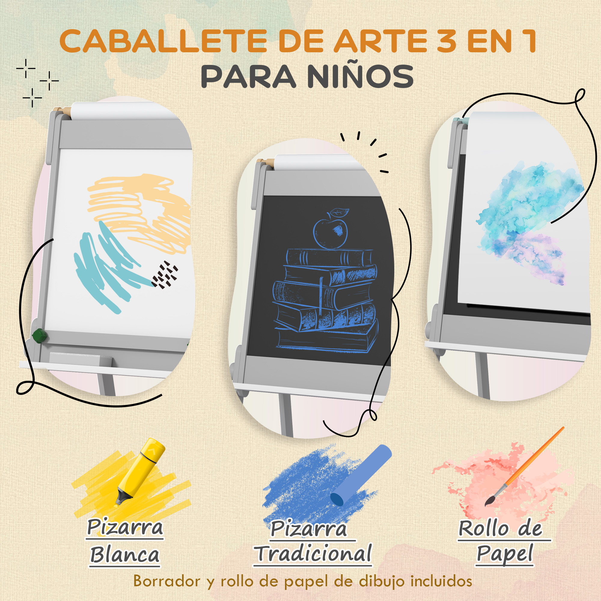 Caballete de arte 3 en 1 para niños, mostrando pizarra blanca, negra y rollo.