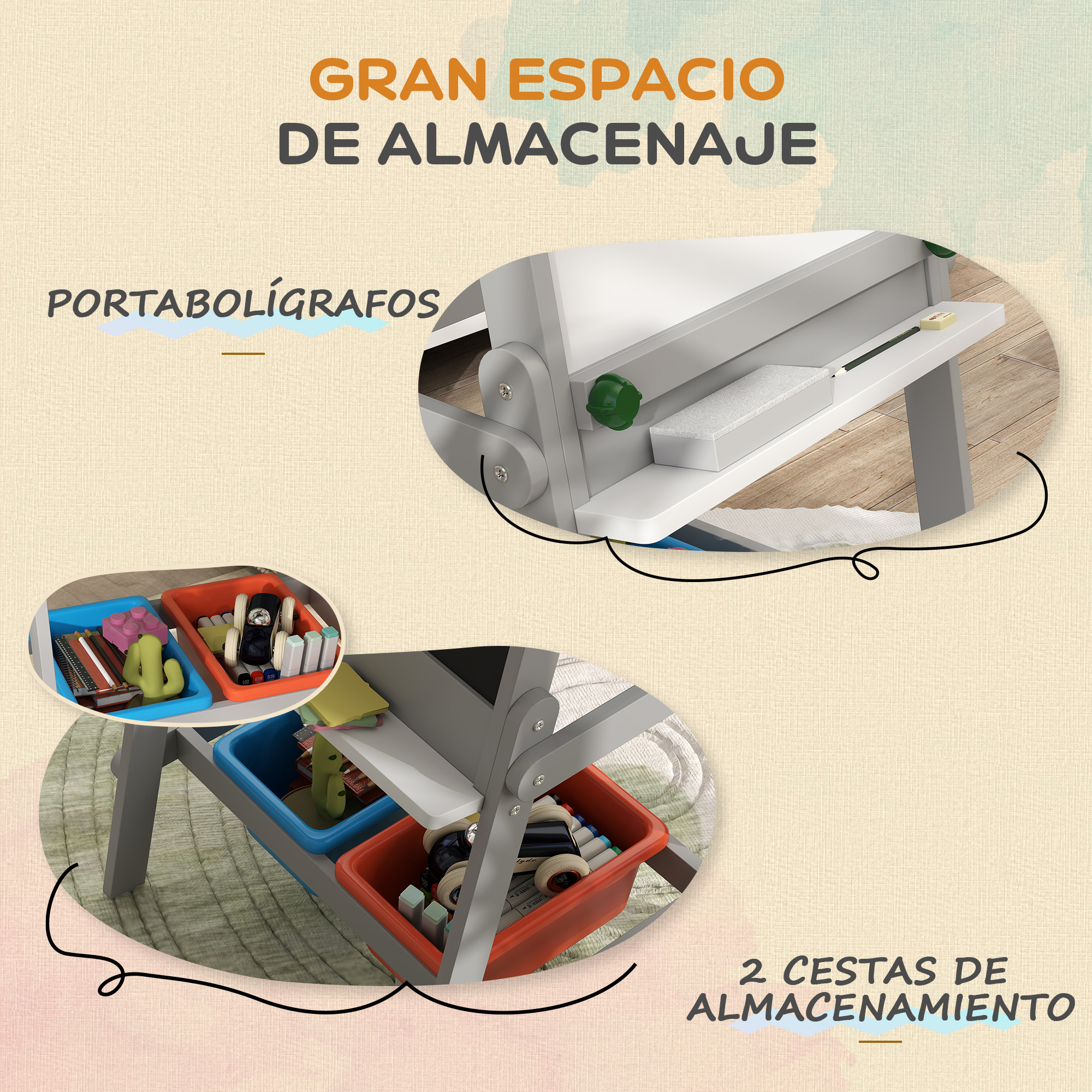 Una pizarra blanca con cestas de almacenamiento y juguetes.