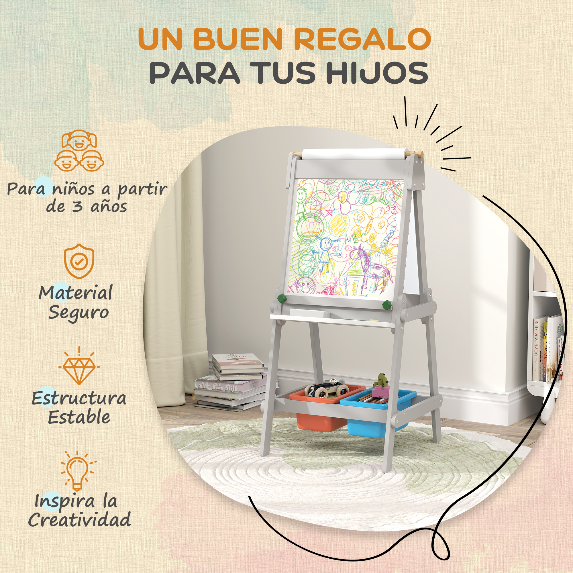 Un caballete infantil con dibujos de crayones, juguetes y libros sobre una alfombra.