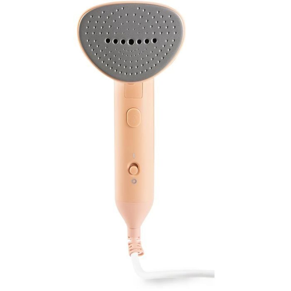 Un vaporizzatore per abiti portatile color pesca con testa grigia forata e cavo bianco.