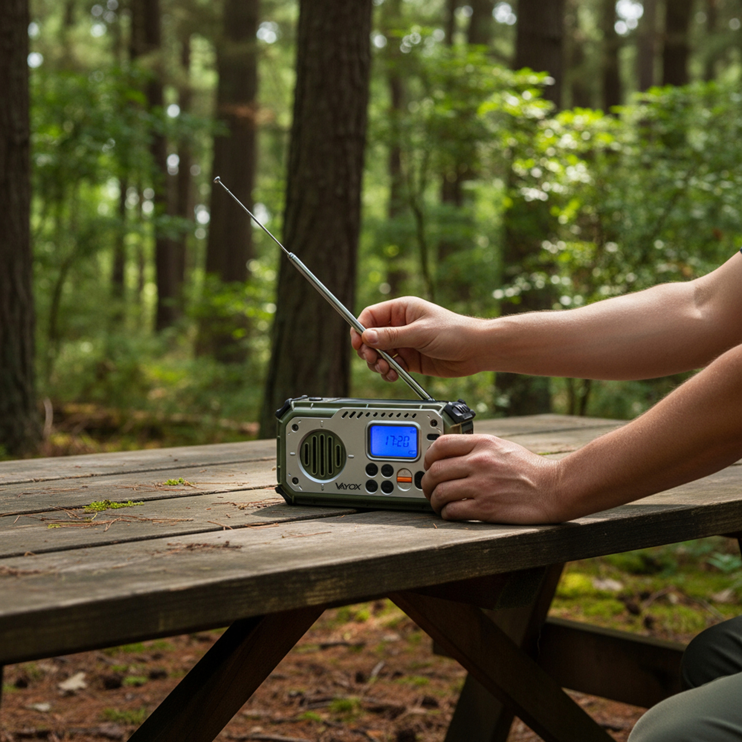 Zielone radio z wysuniętą anteną na drewnianym stole w lesie.