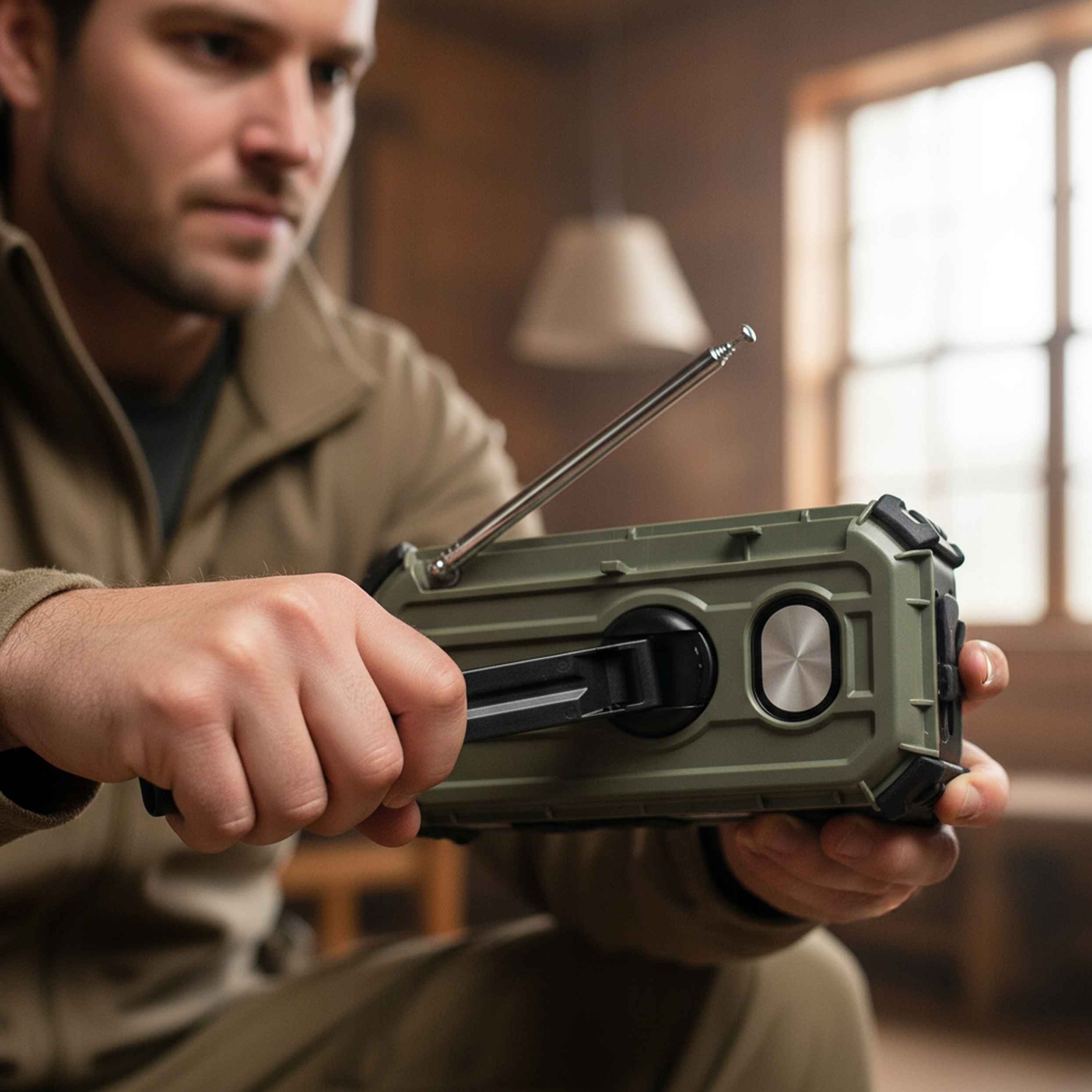 Mężczyzna trzyma zielone radio z wysuniętą anteną.