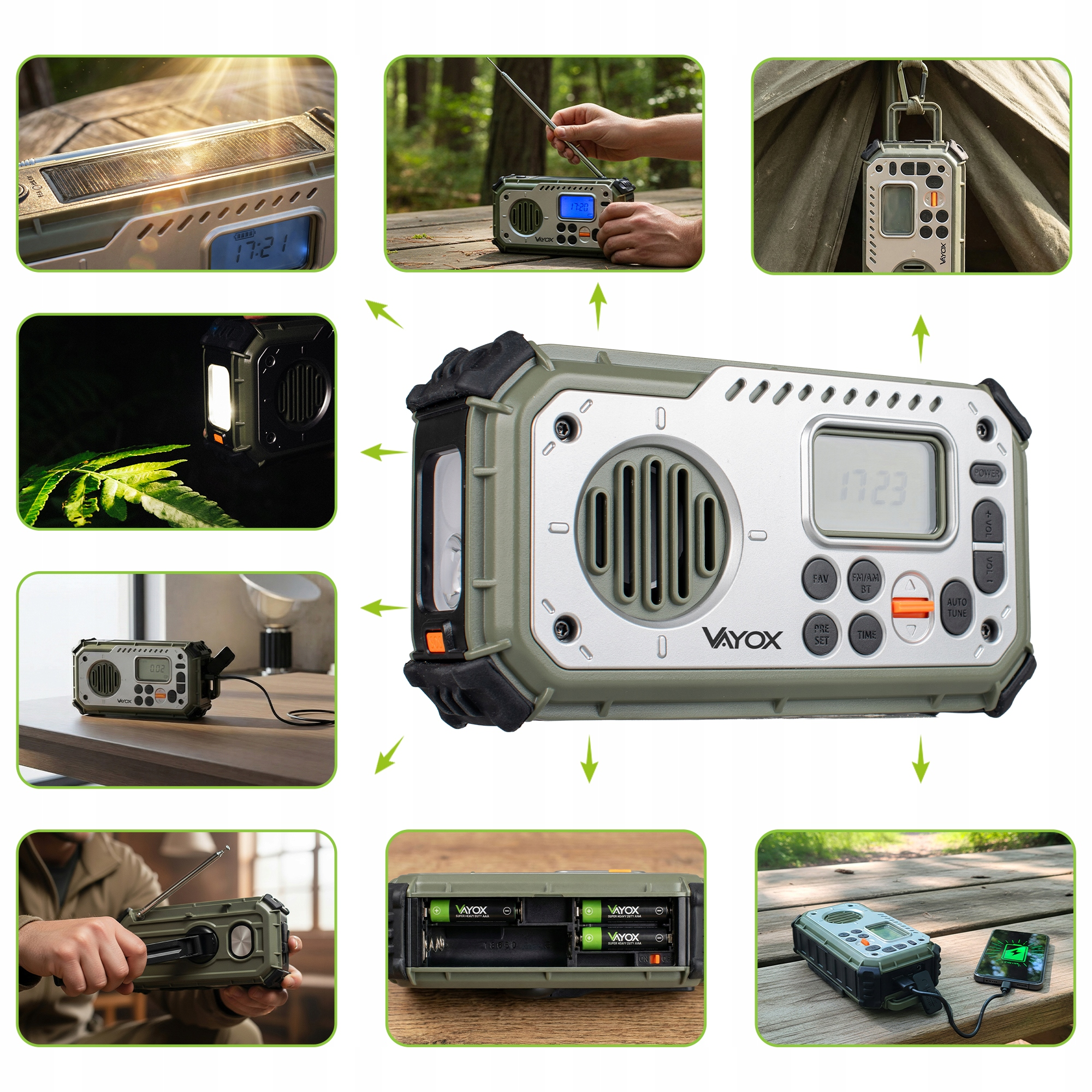 Wytrzymałe, zielone radio VAYOX z panelem słonecznym, latarką i cyfrowym wyświetlaczem.