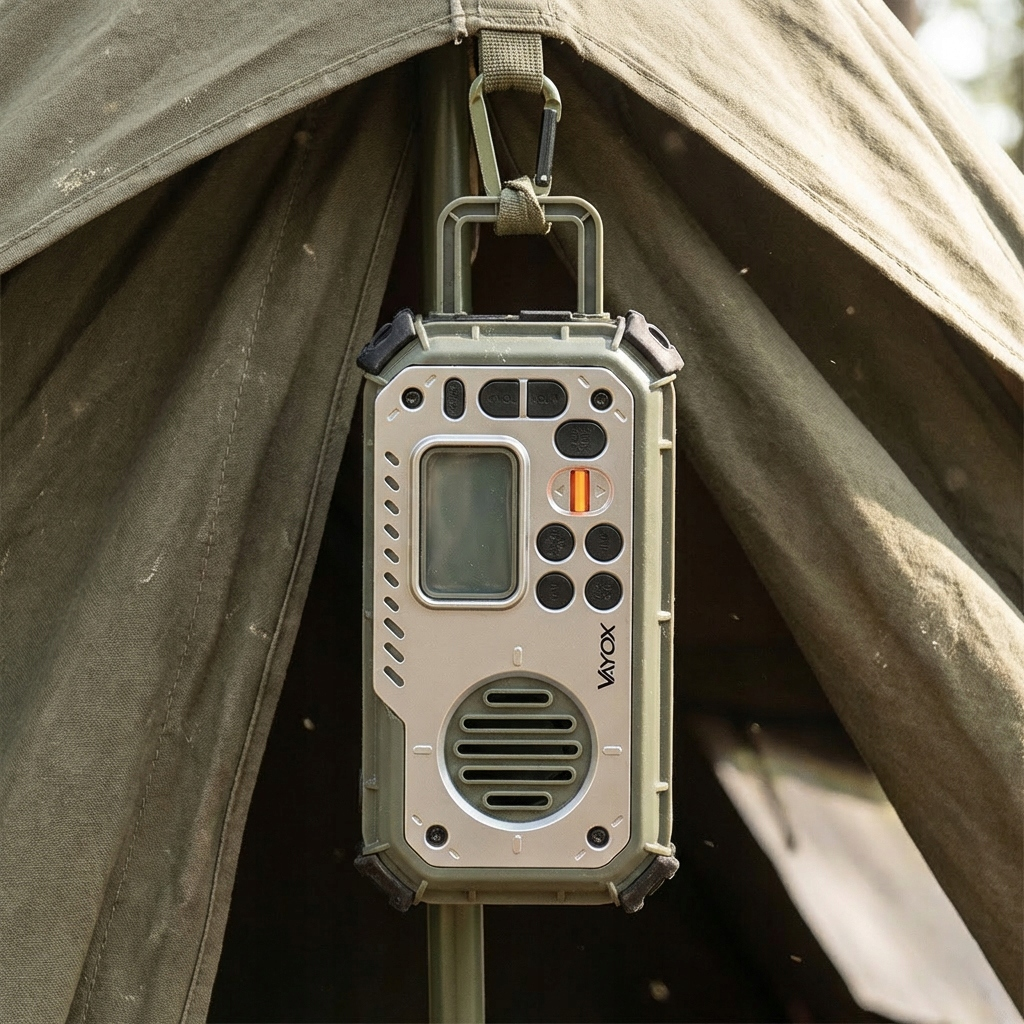 Zielone urządzenie zewnętrzne z ekranem, przyciskami i głośnikiem, wiszące na namiocie.