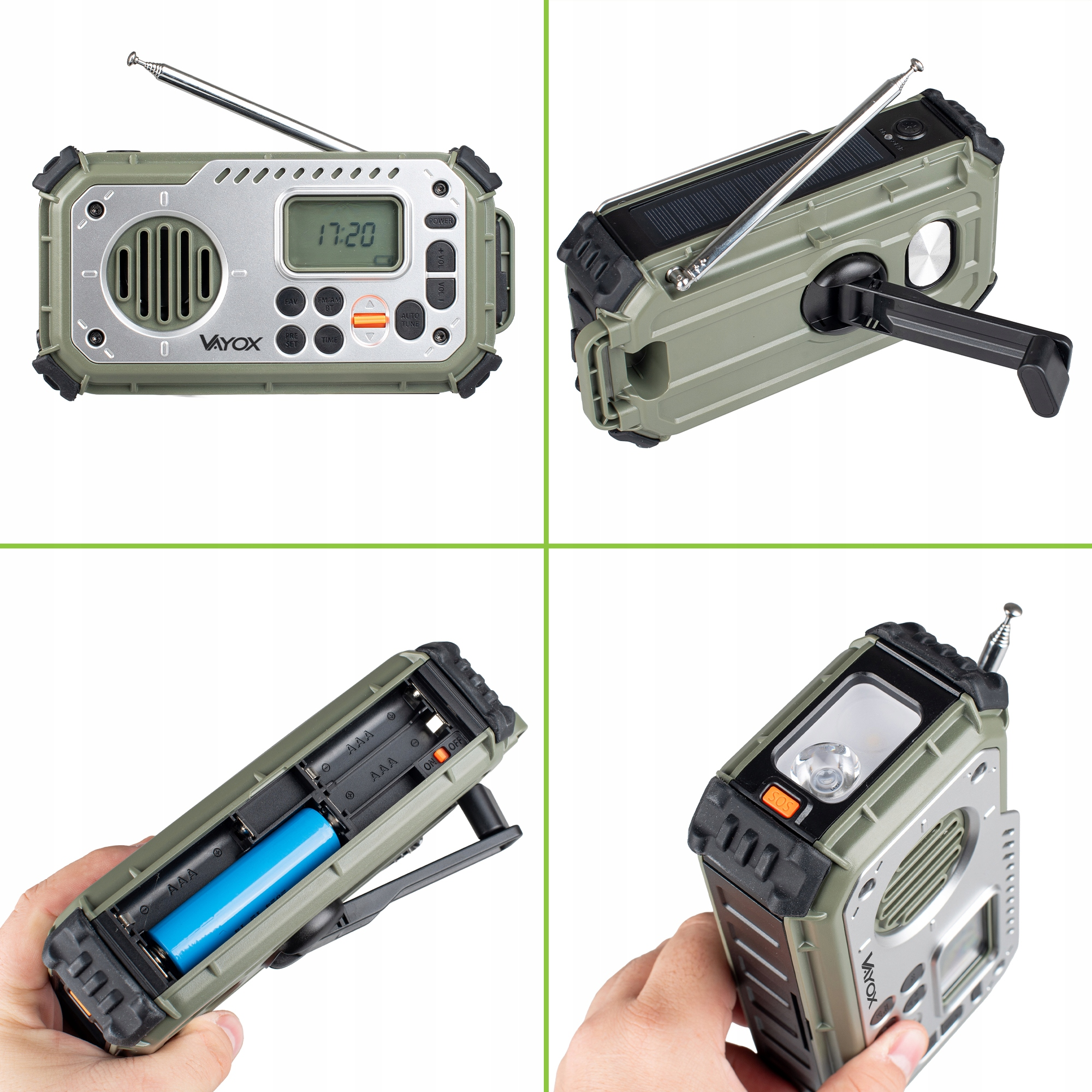 Khaki radio z panelem słonecznym, korbą i latarką.