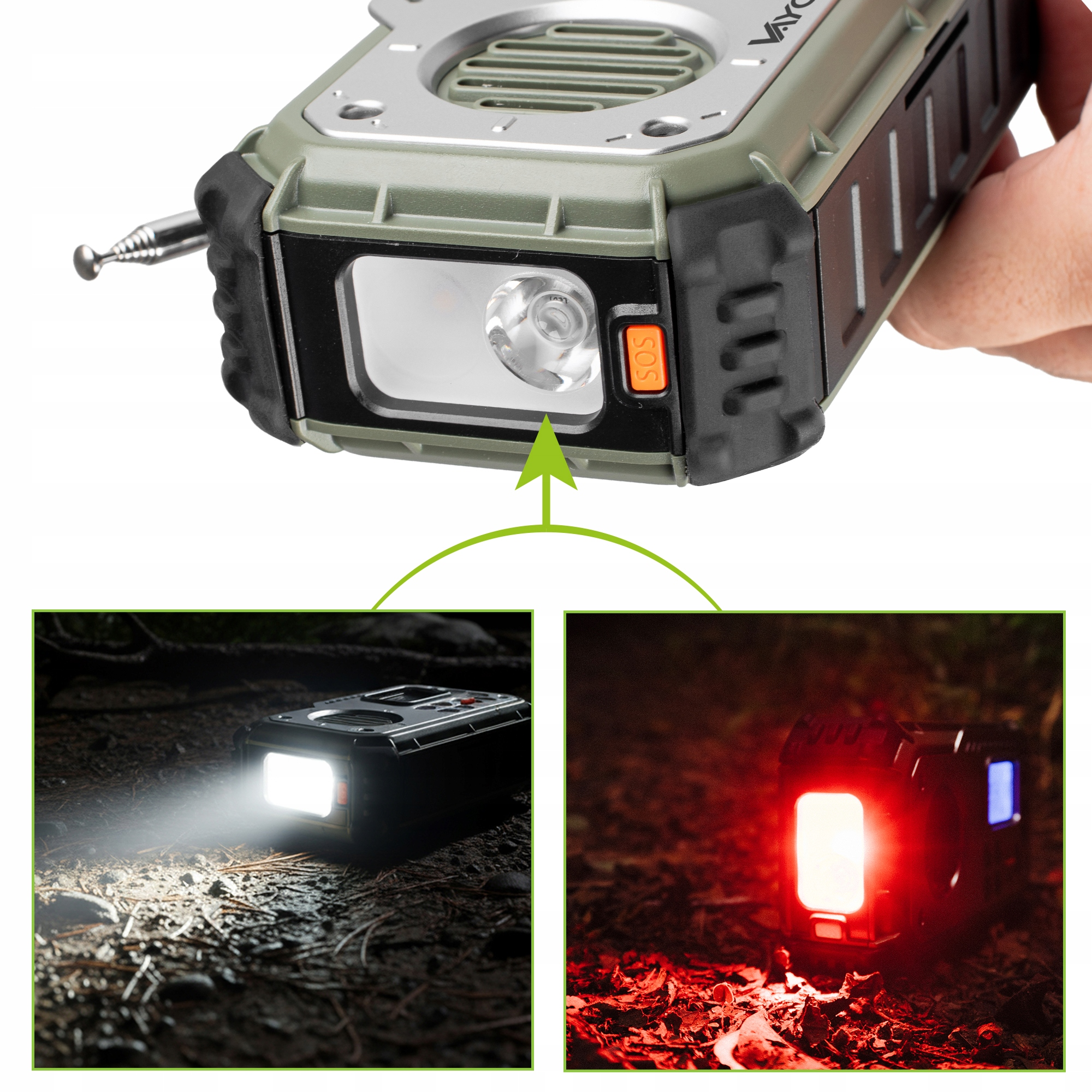 Wytrzymałe urządzenie z latarką, anteną i przyciskiem SOS.