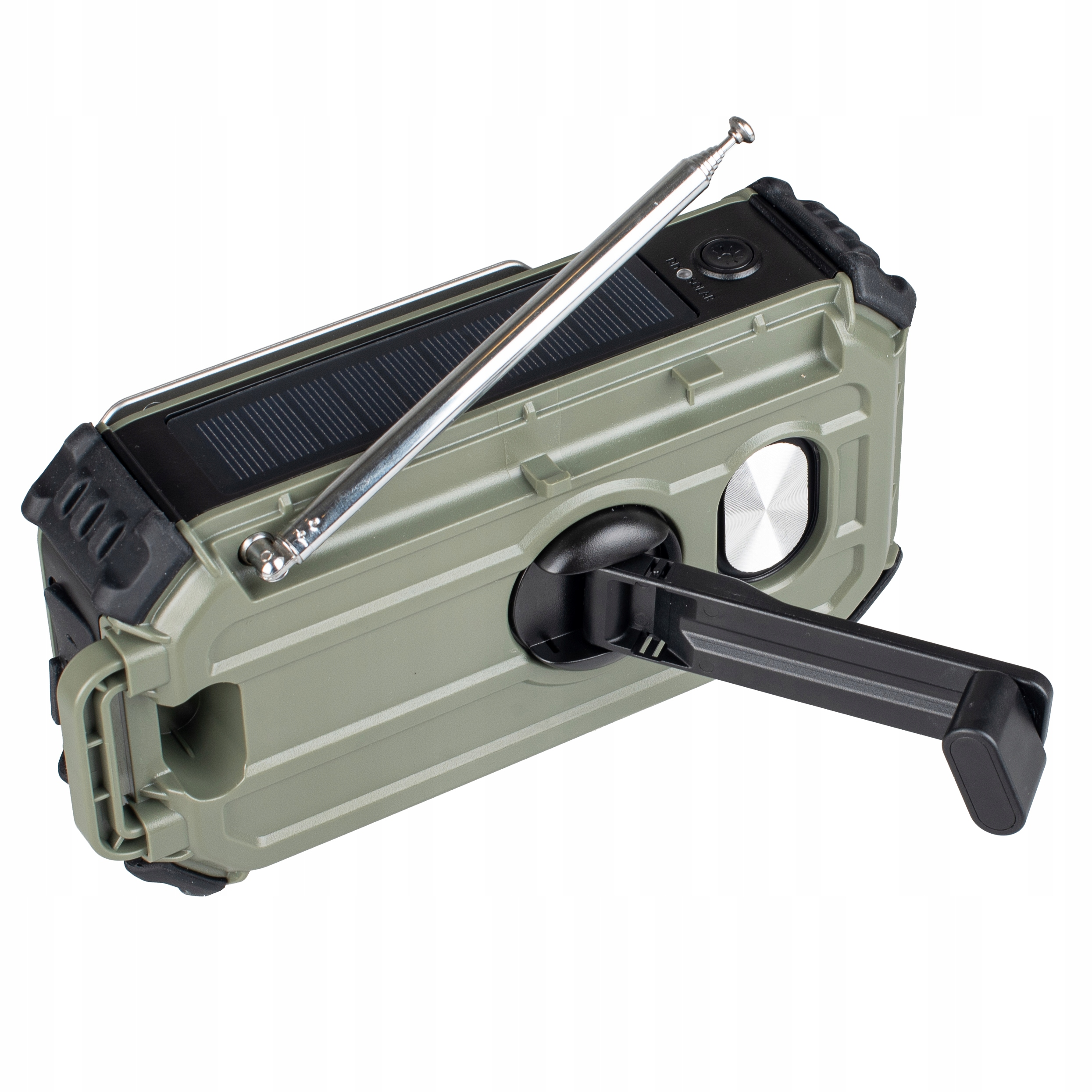 Zielone radio awaryjne z panelem słonecznym, korbą i anteną.