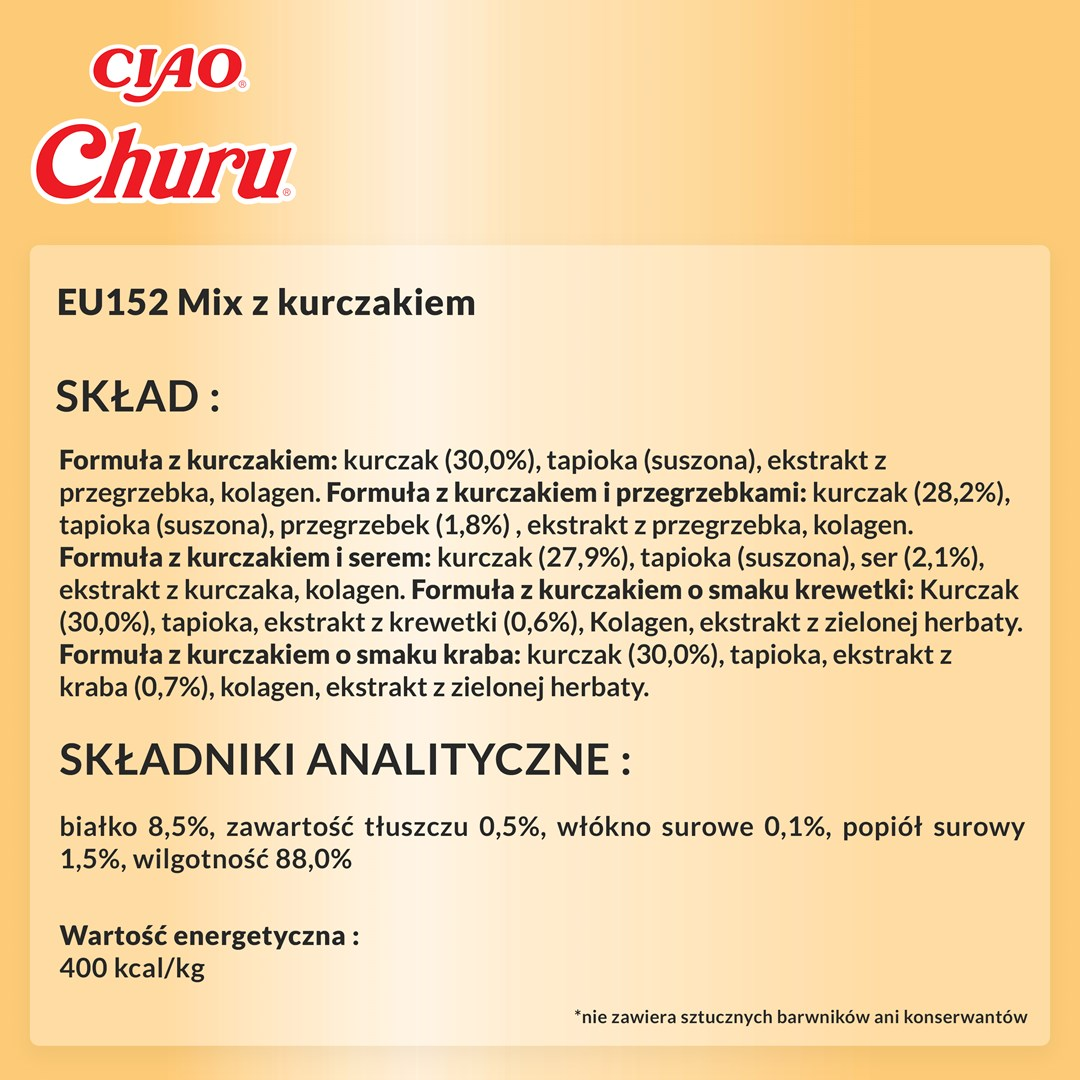 Informacje o produkcie: CIAO Churu EU152 Mix z kurczakiem. Skład i analiza.