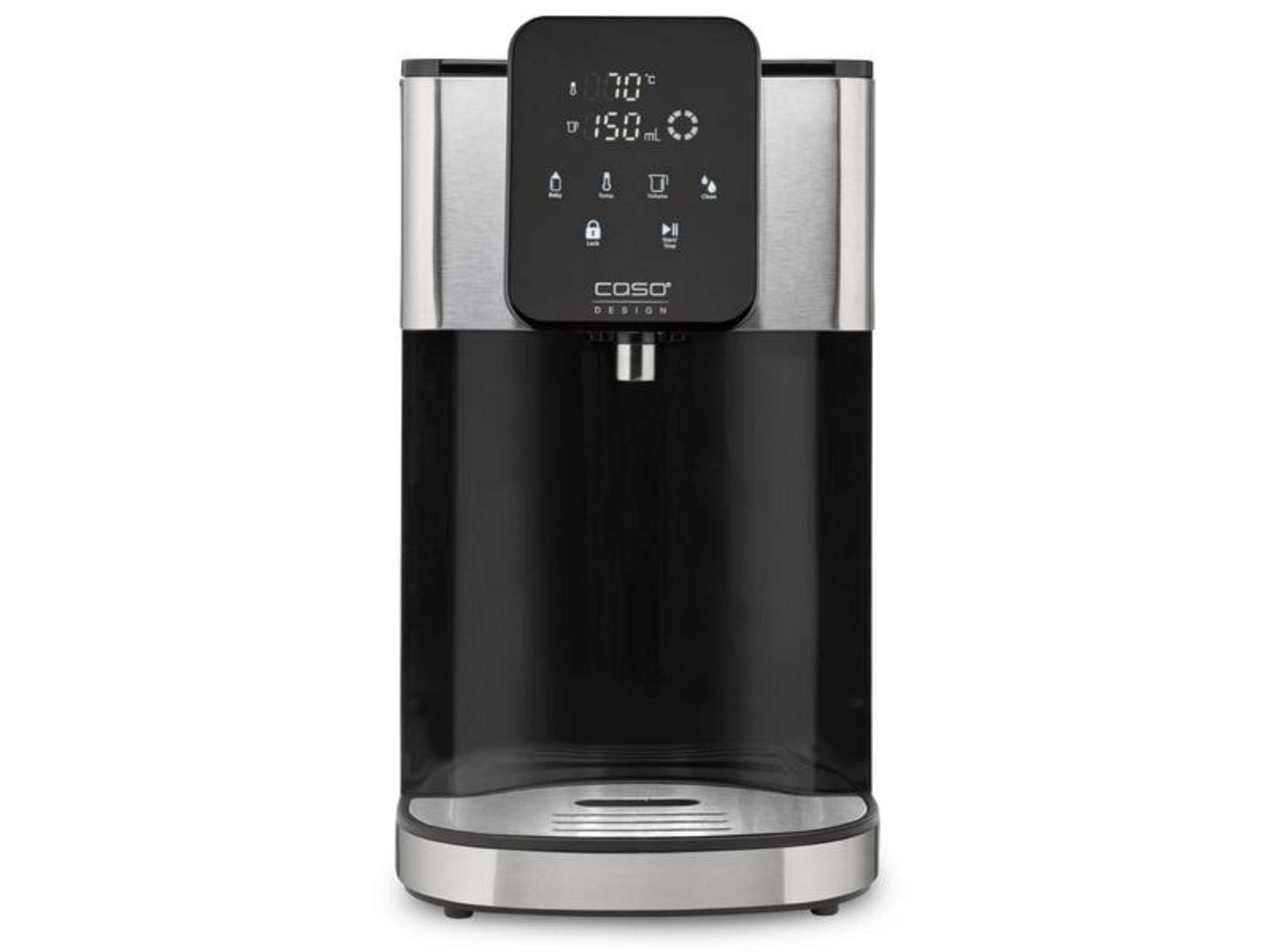 Ein Wasserspender aus Edelstahl und schwarzem Kunststoff mit digitalem Display.