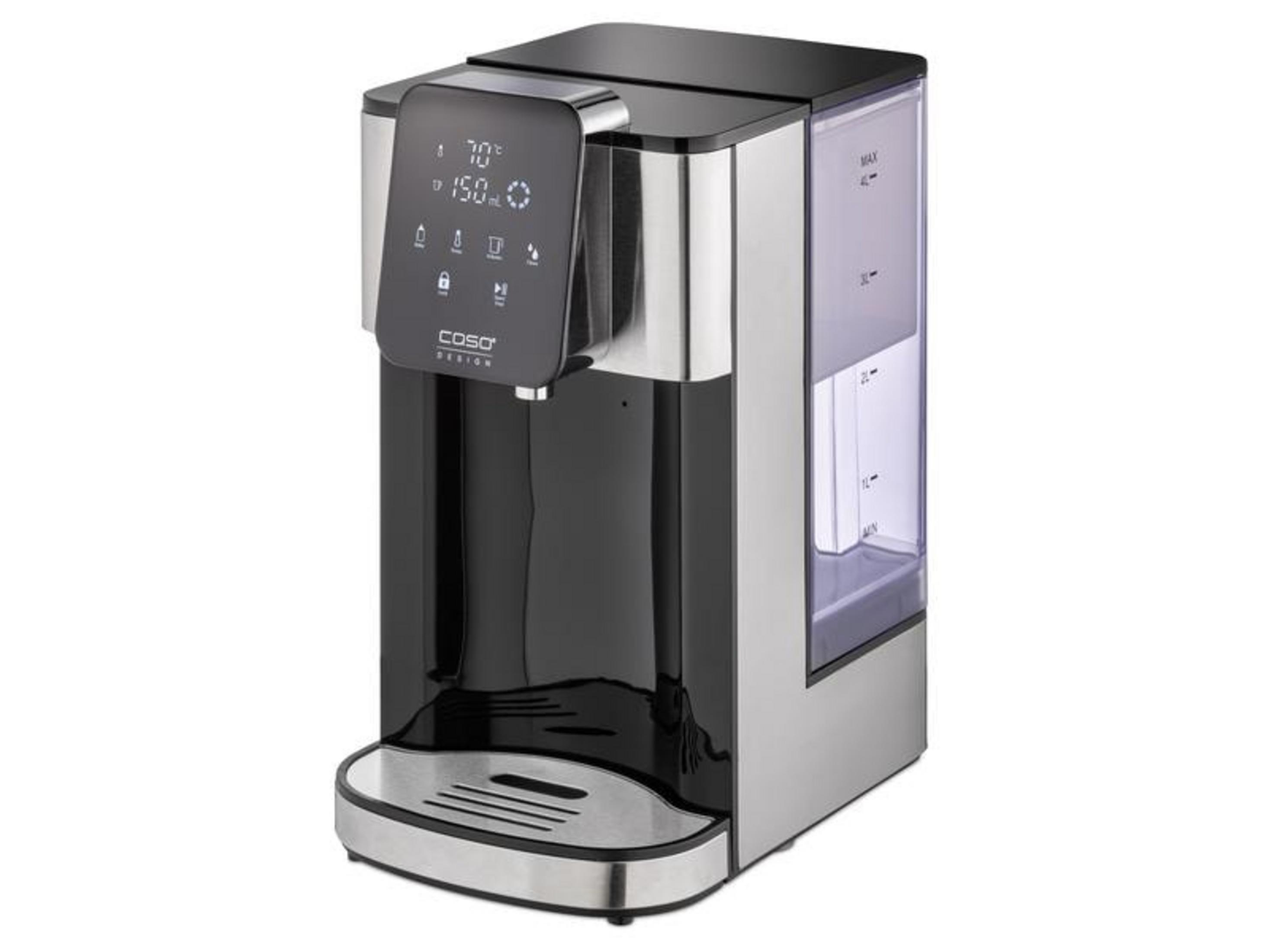Ein Wasserspender mit digitalem Display, silbernem und schwarzem Gehäuse.