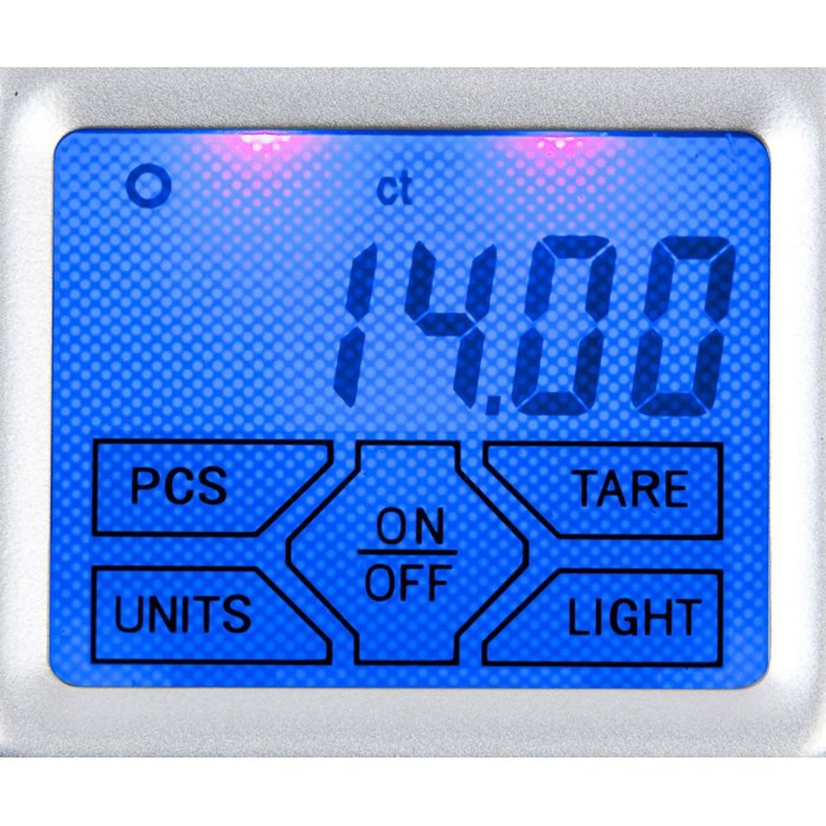 Digitale Waage zeigt 14,00 ct an, mit Tasten für PCS, UNITS, ON/OFF, TARE, LIGHT.
