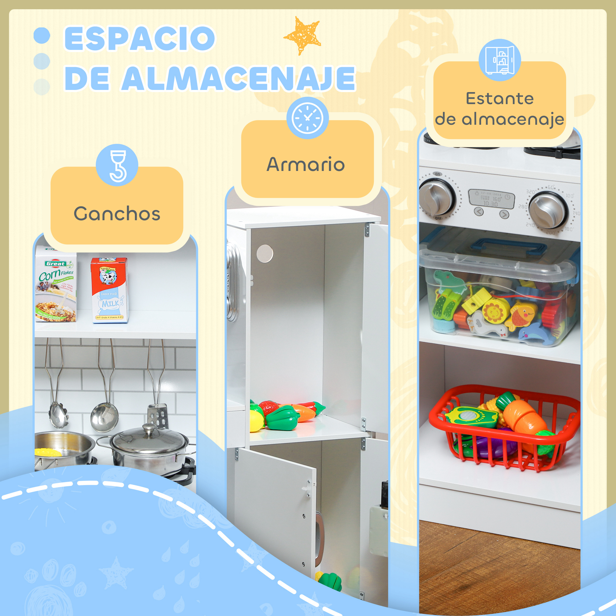 Cocina de juguete con estantes, armario y ganchos. Incluye comida y utensilios.