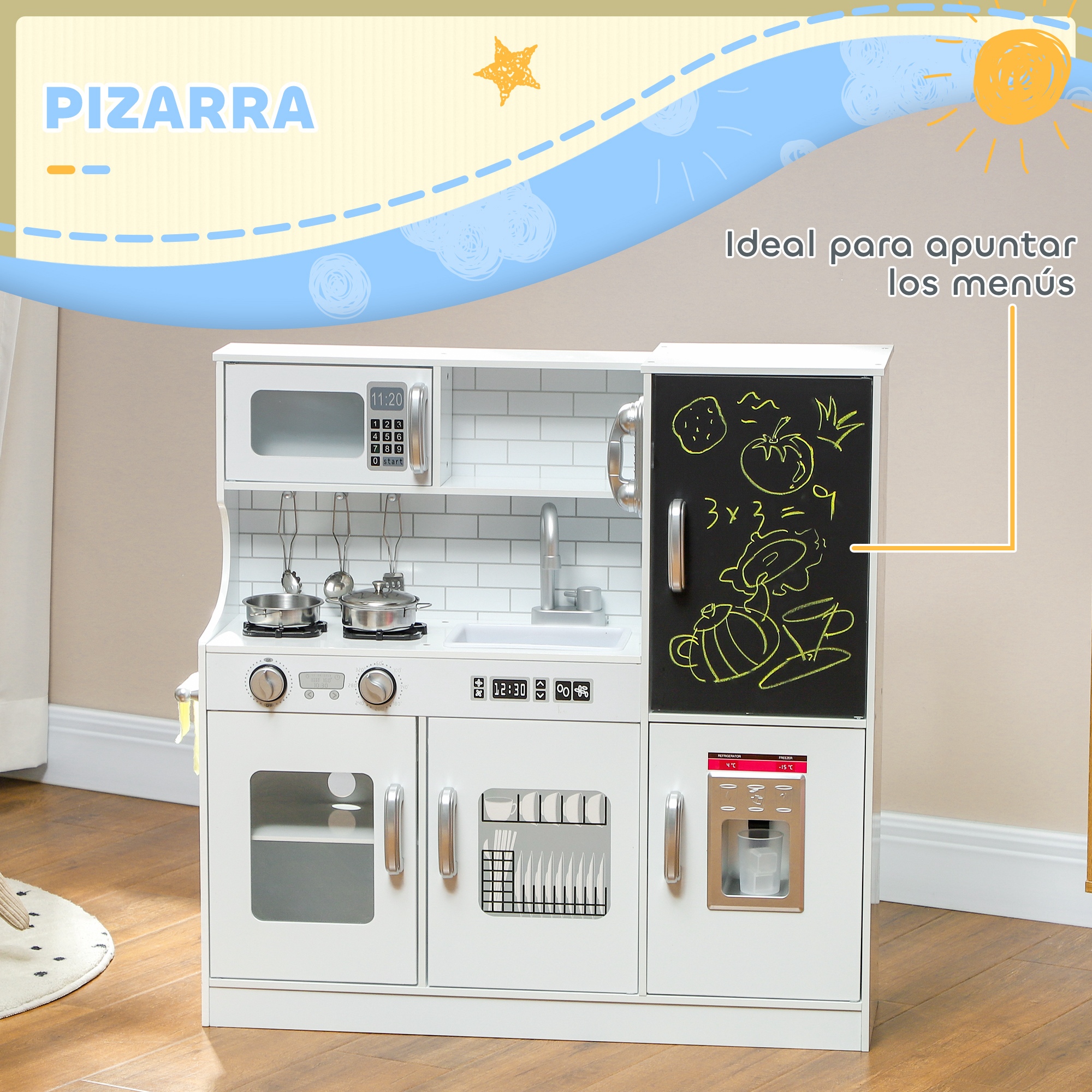 Una cocina de juguete blanca con microondas, estufa, fregadero y refrigerador.