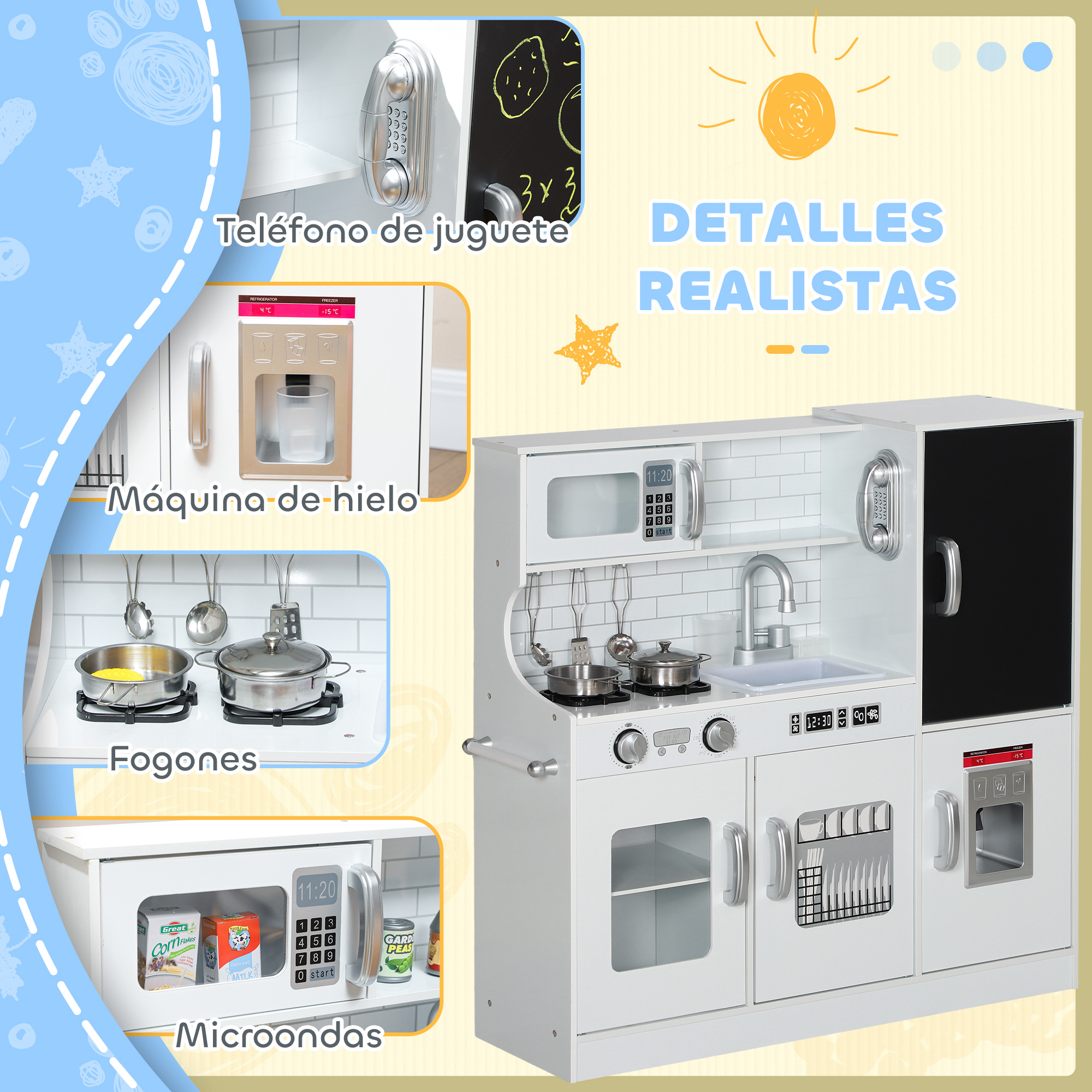 Un juego de cocina de juguete blanco con microondas, estufa, refrigerador y teléfono.