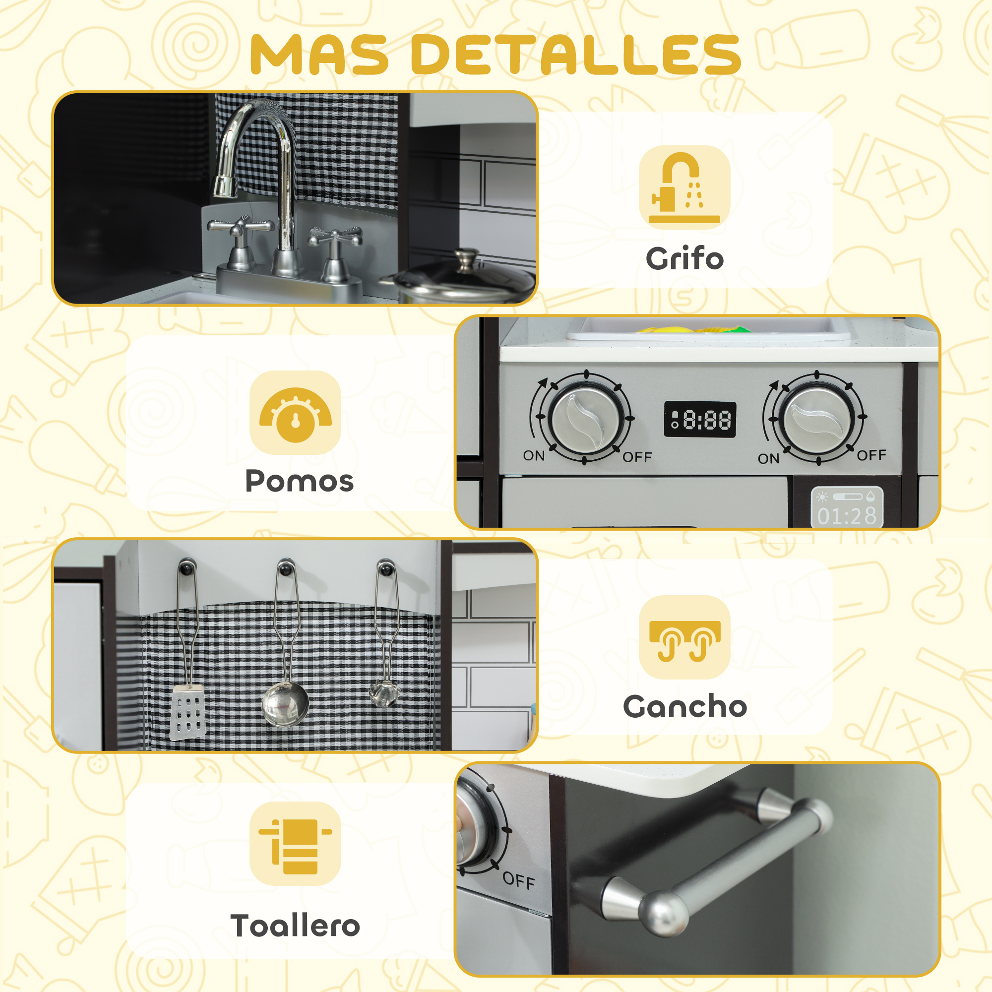 Detalles de una cocina de juguete: fregadero, perillas, ganchos, toallero y horno.
