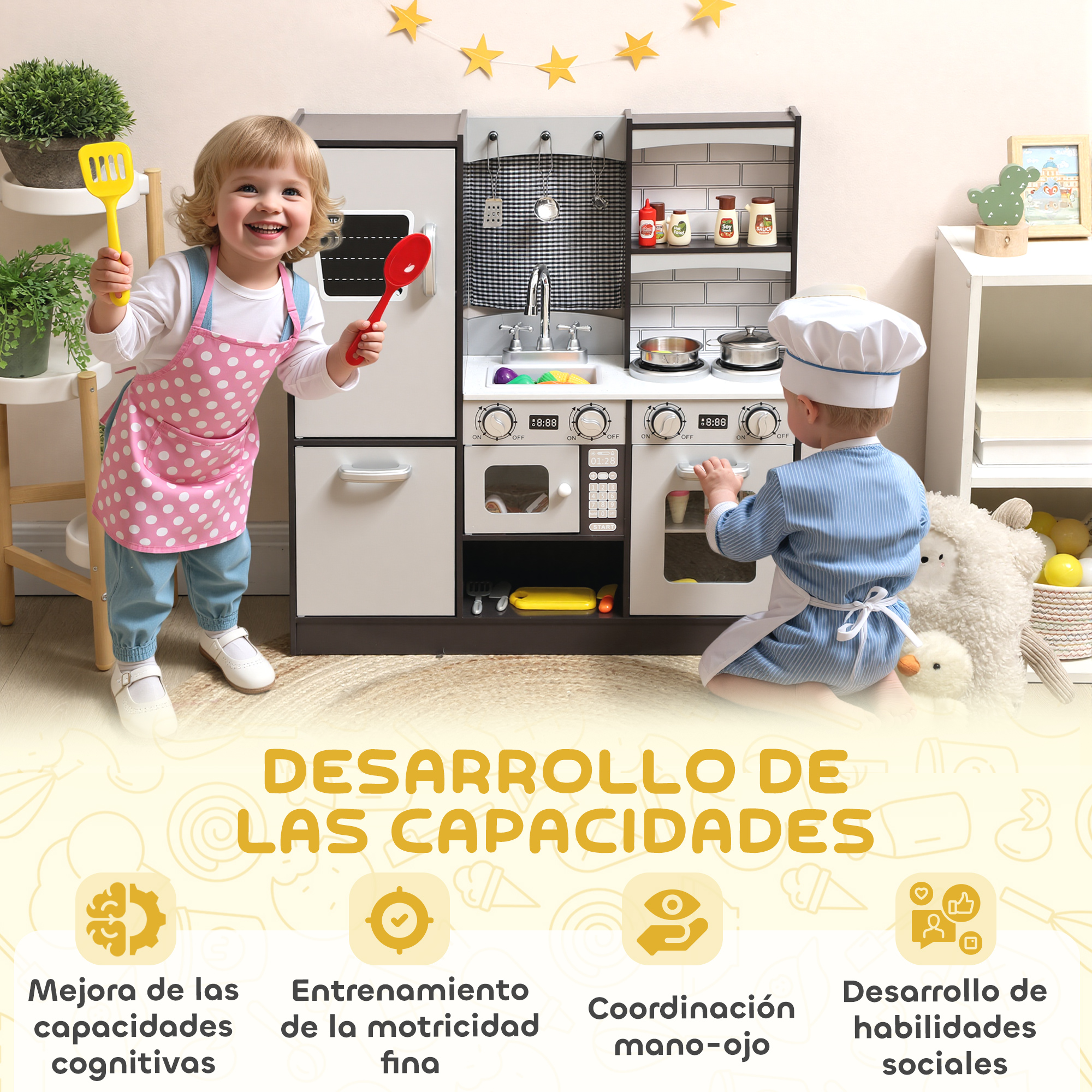 Dos niños juegan con una cocinita de juguete. Uno lleva delantal, el otro gorro de chef.