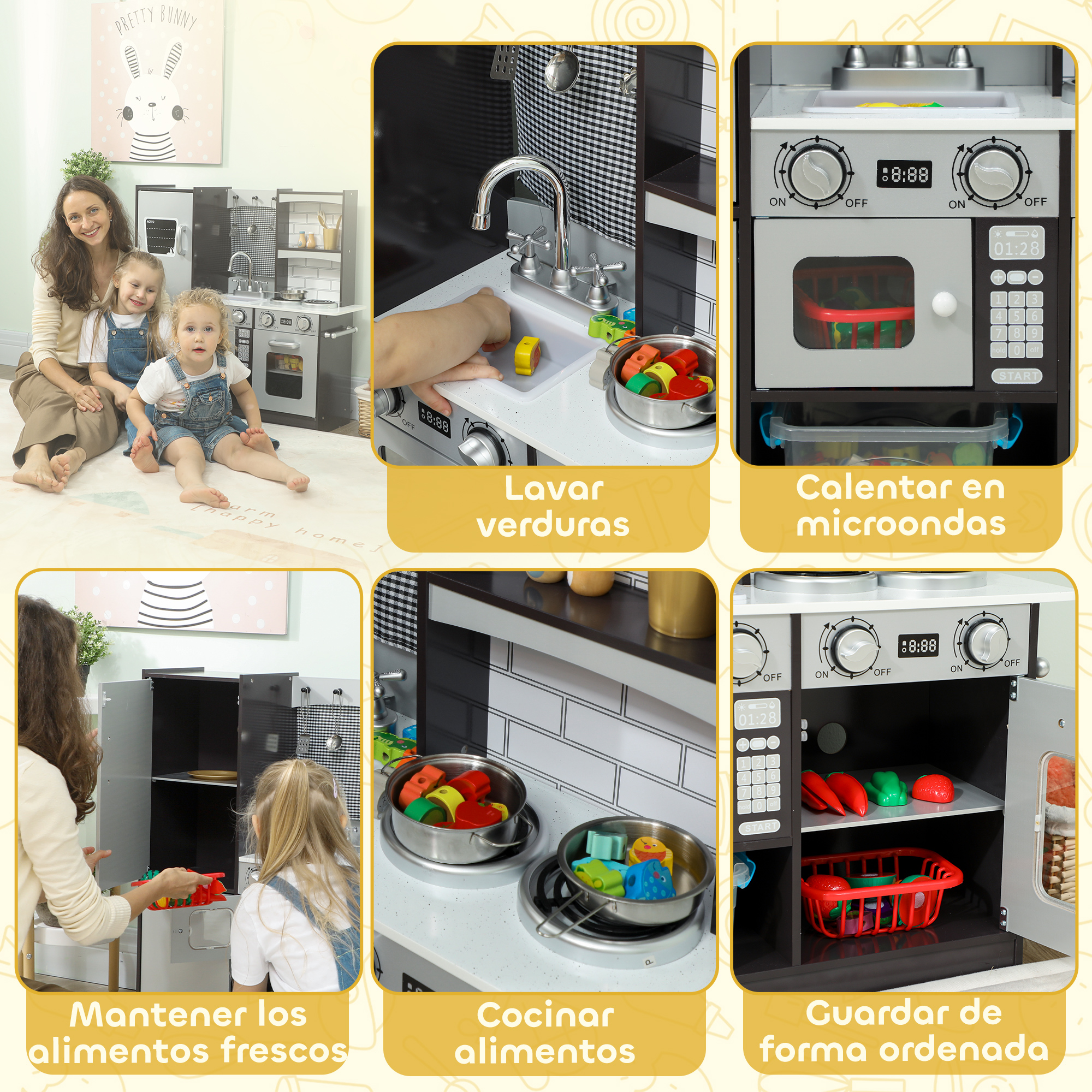 Mujer con dos niños jugando con cocina de juguete, mostrando lavado, cocción.