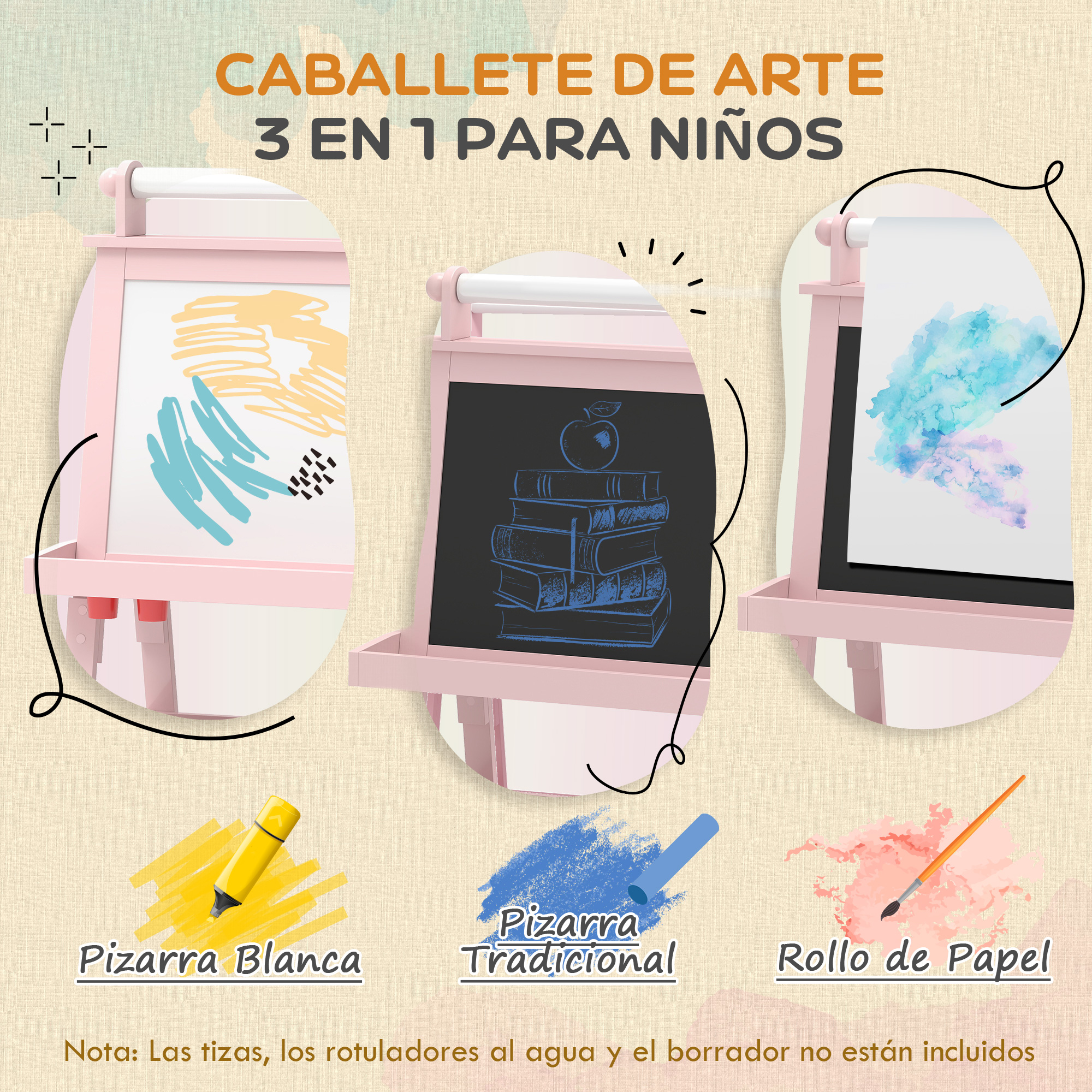 Un caballete de arte rosa con tres lados: blanco, pizarra y rollo.