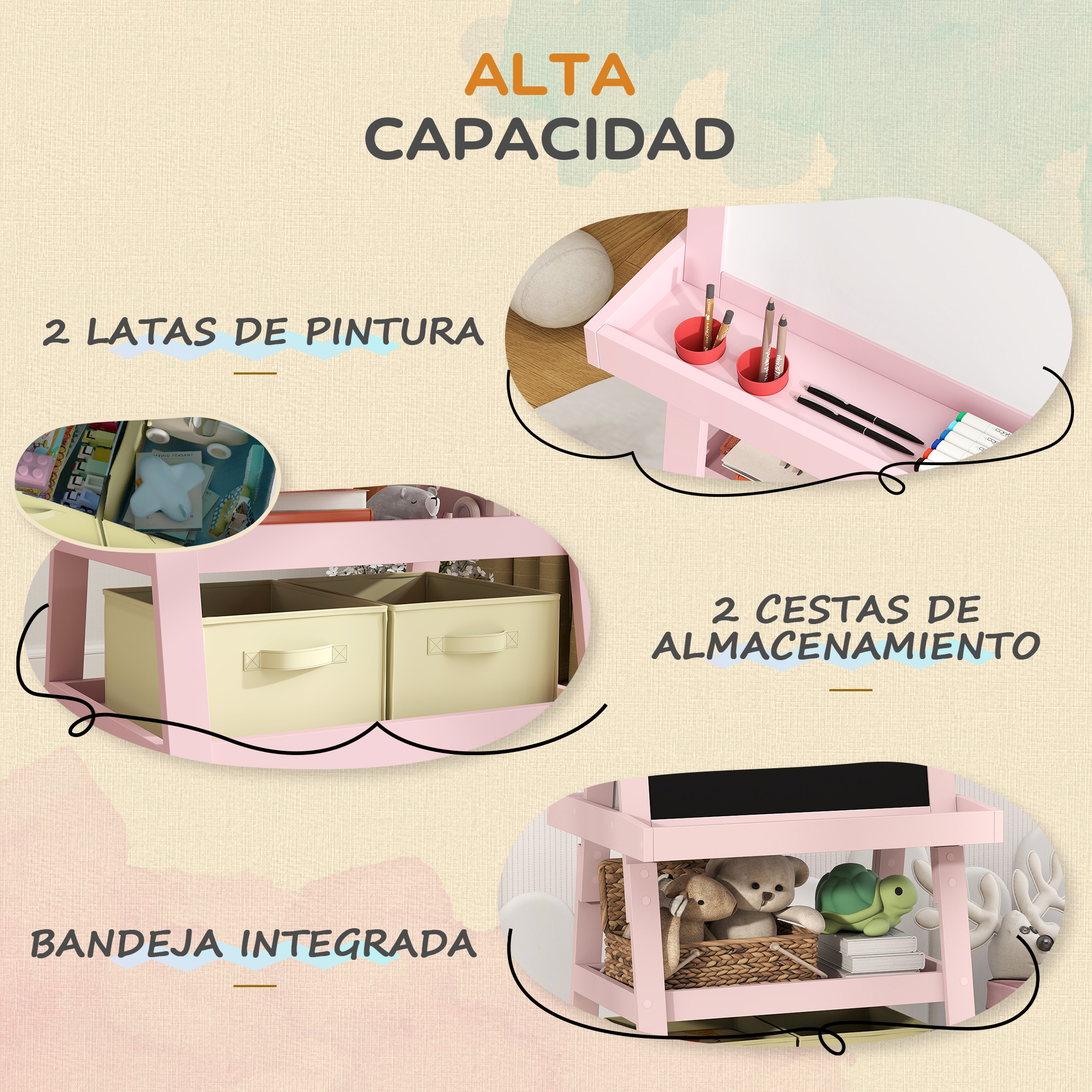 Muebles infantiles rosas con almacenaje, material de arte y peluches.