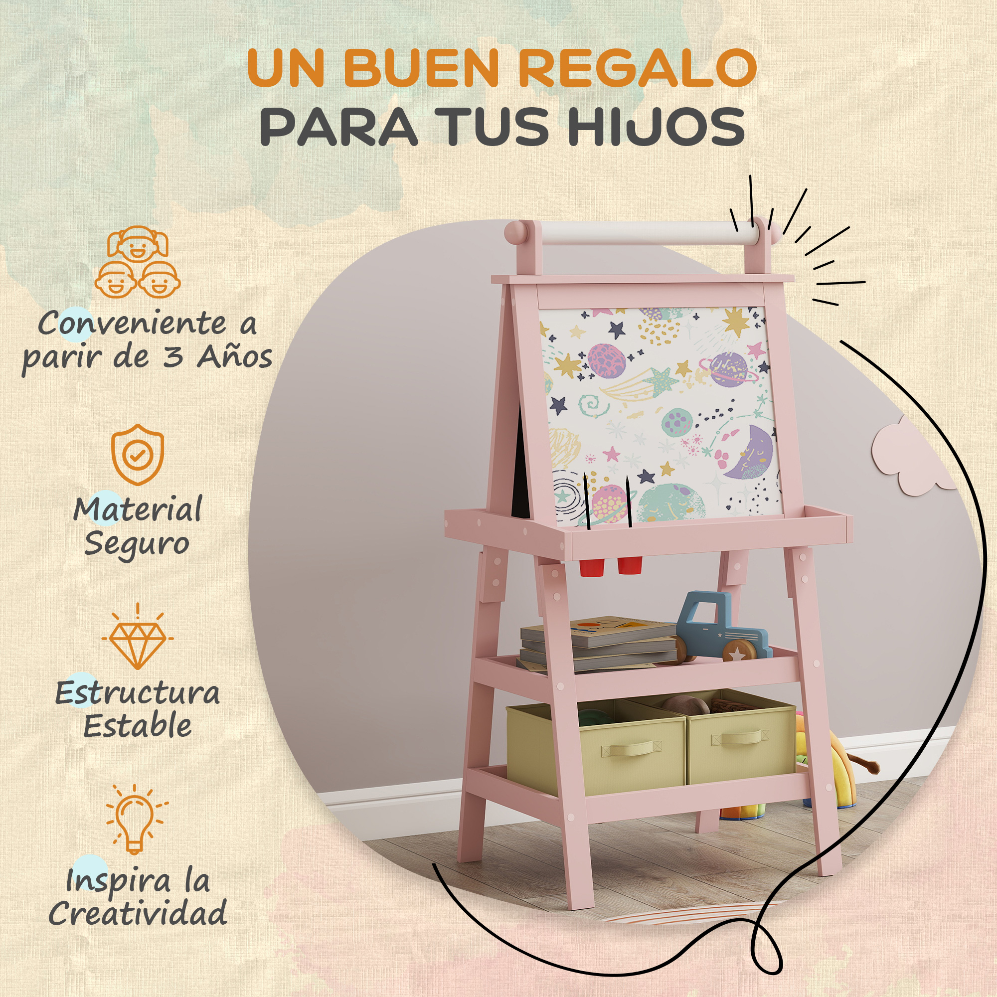 Un caballete rosa con tema espacial, adecuado para niños de 3 años.