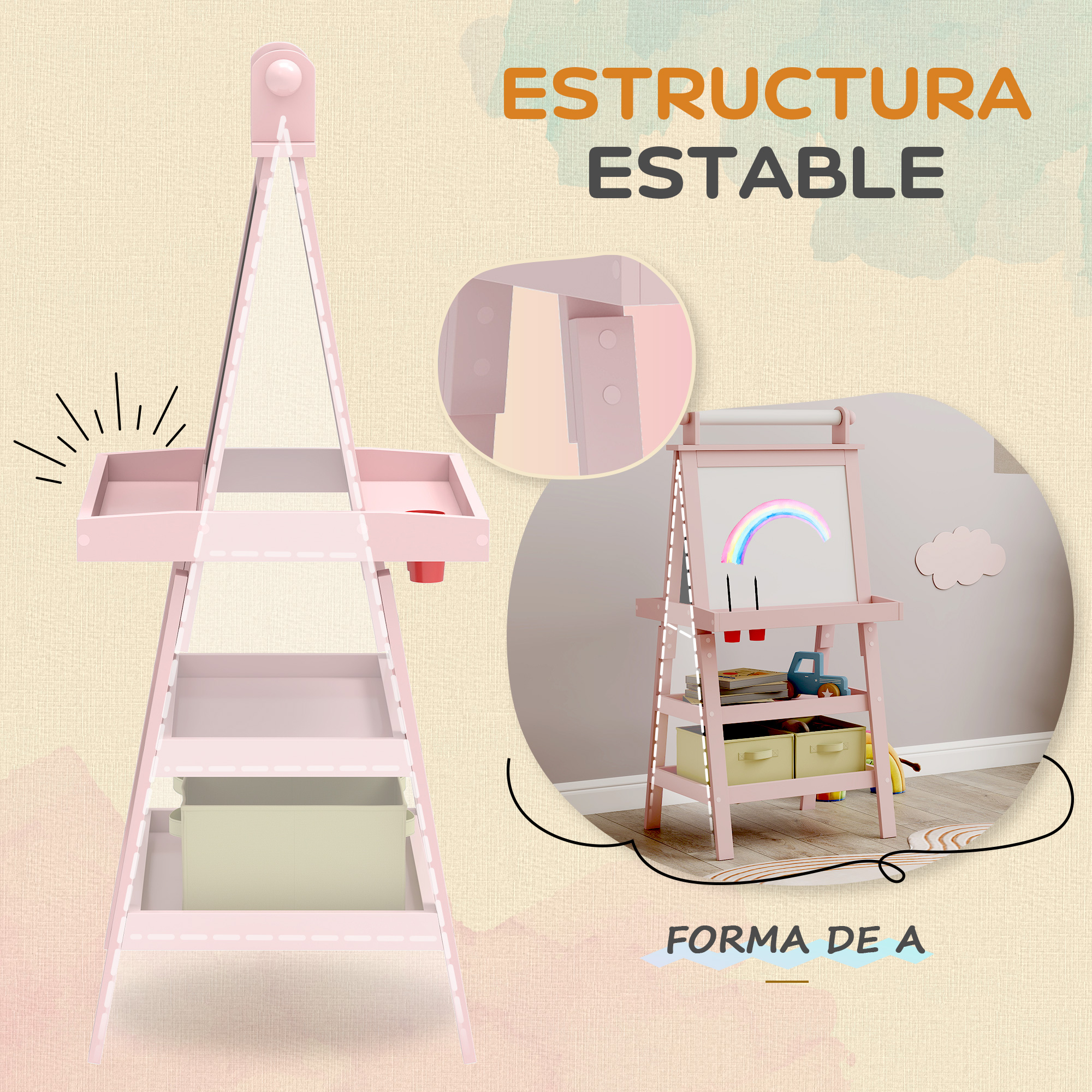 Un organizador de caballete rosa con estantes y cubos de almacenamiento.