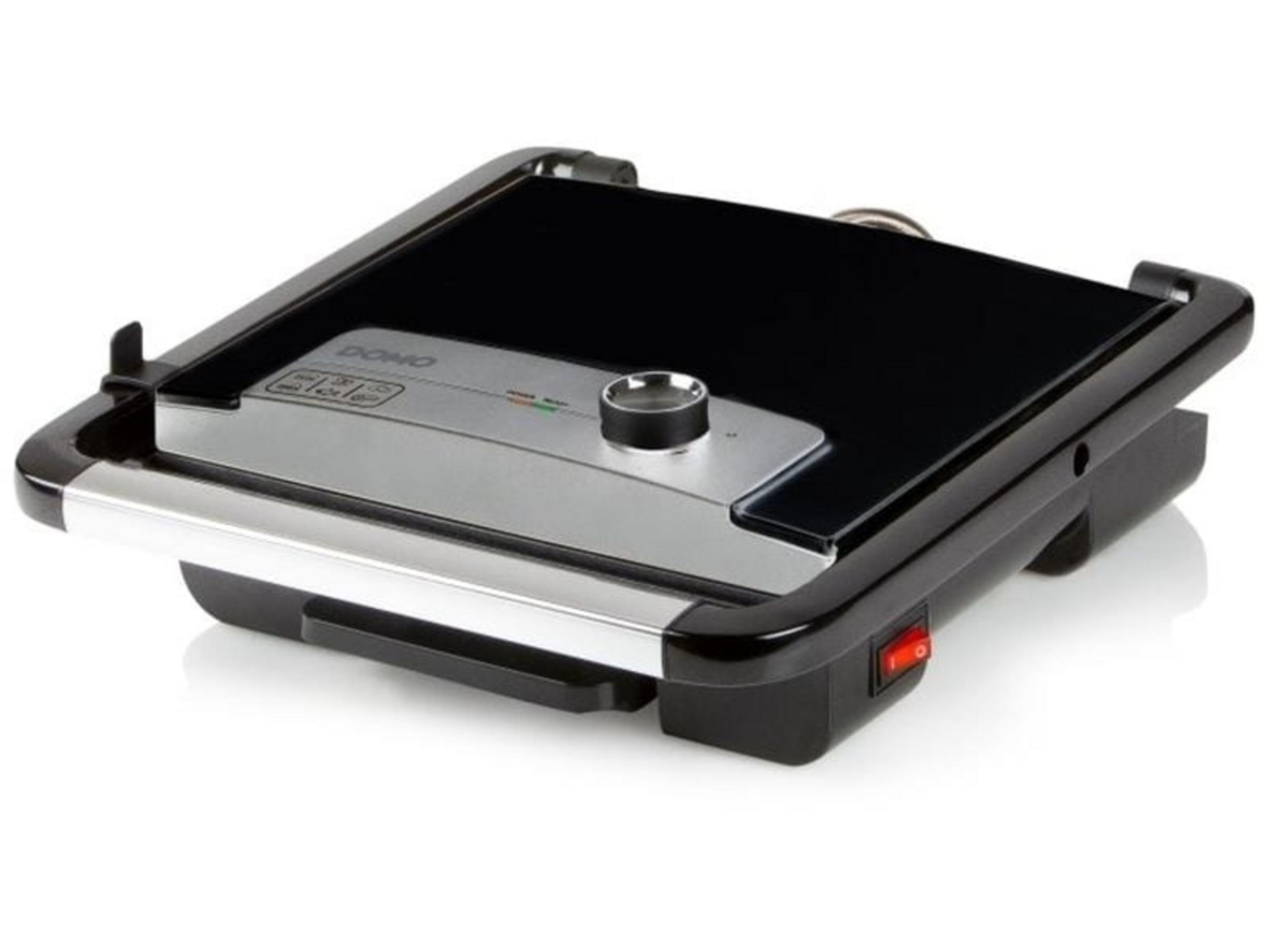 Grill a contatto nero con accenti argentati e interruttore rosso.