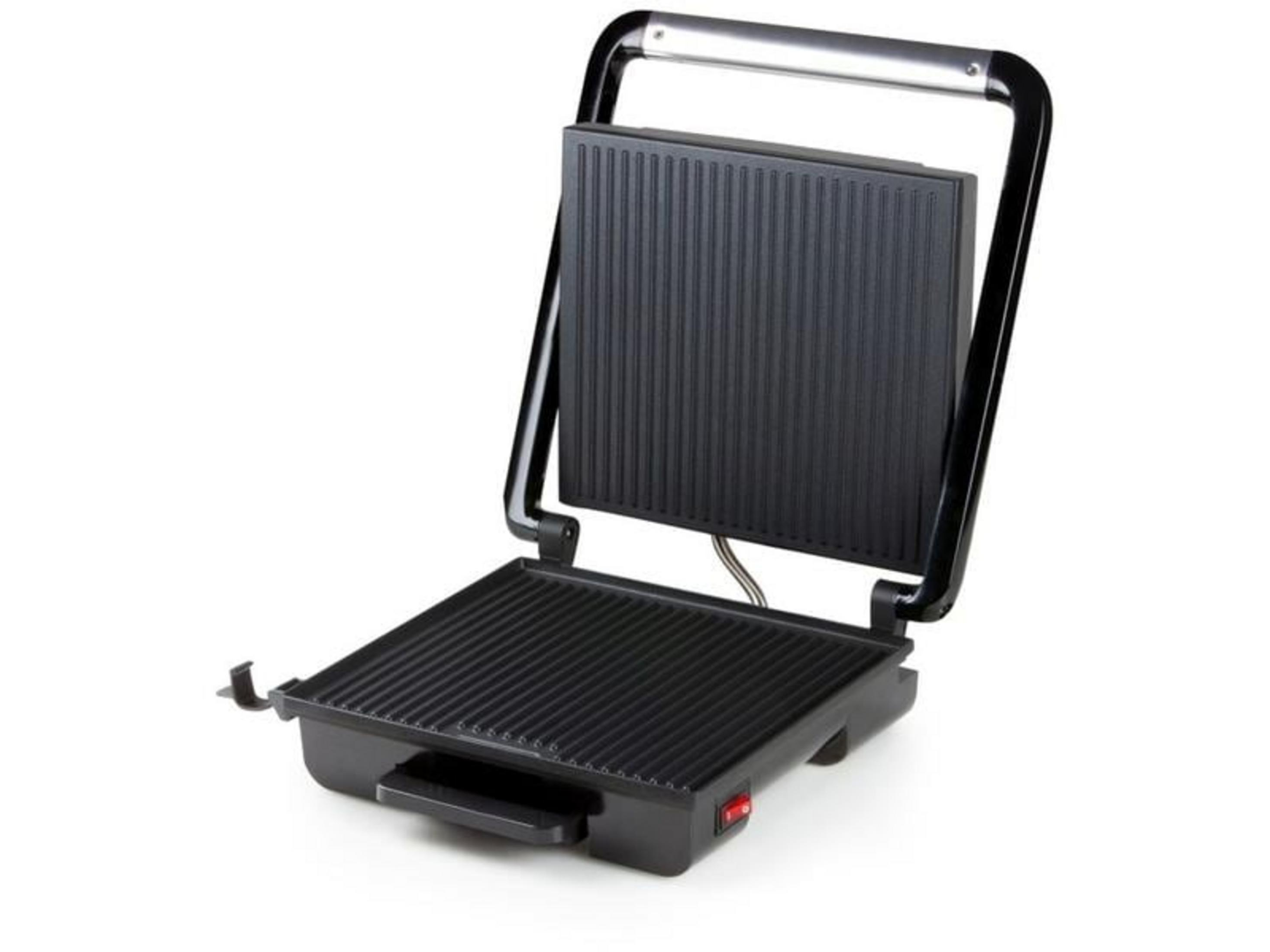 Una piastra grill elettrica aperta con piastre scanalate e interruttore rosso.