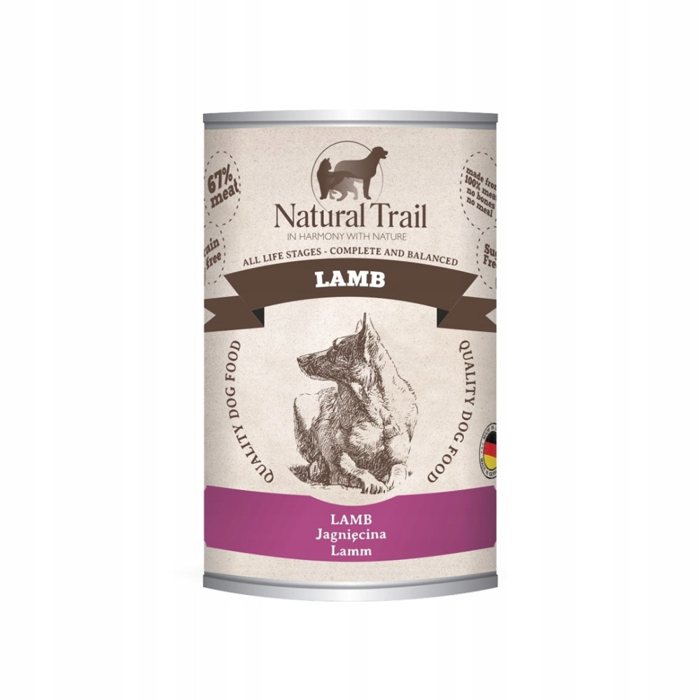 Puszka karmy dla psów Natural Trail z jagnięciną, 67% mięsa, bez zbóż.