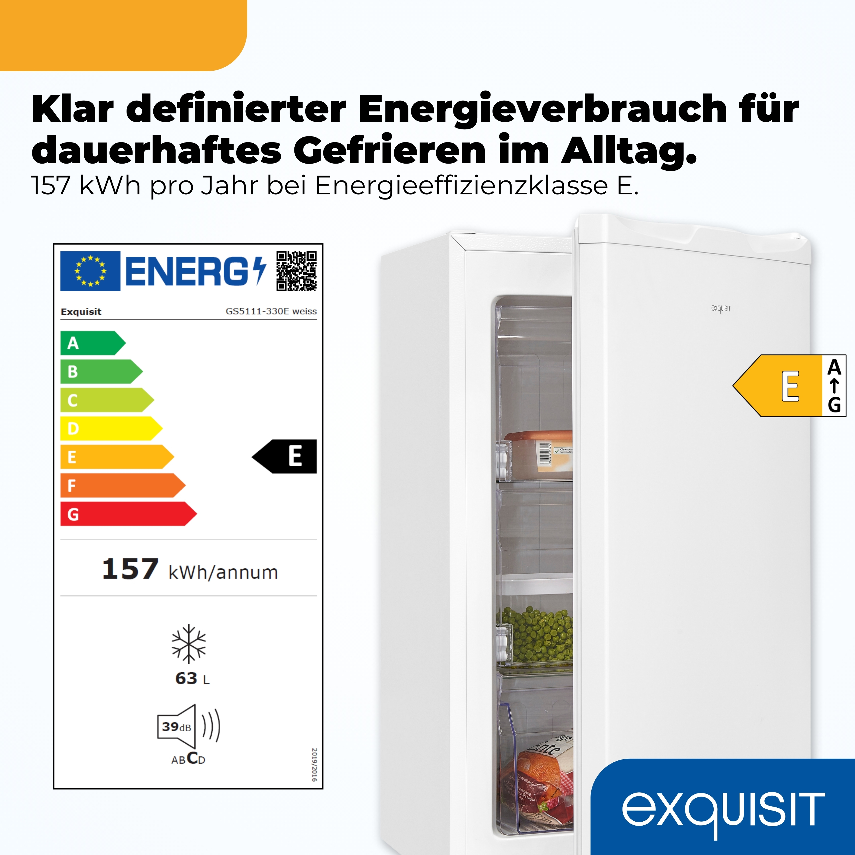 Ein weißer Gefrierschrank mit Energieeffizienzlabel E und Details zu Verbrauch.