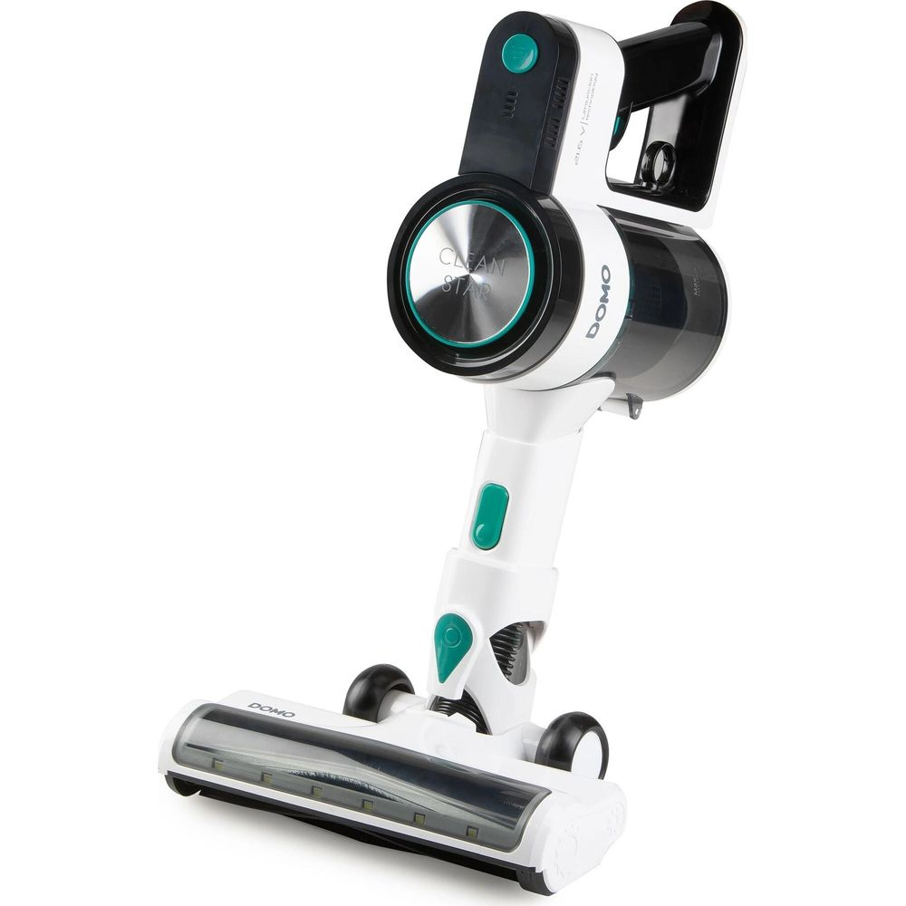 Un aspirateur à main blanc et noir avec des accents turquoise sur fond blanc.