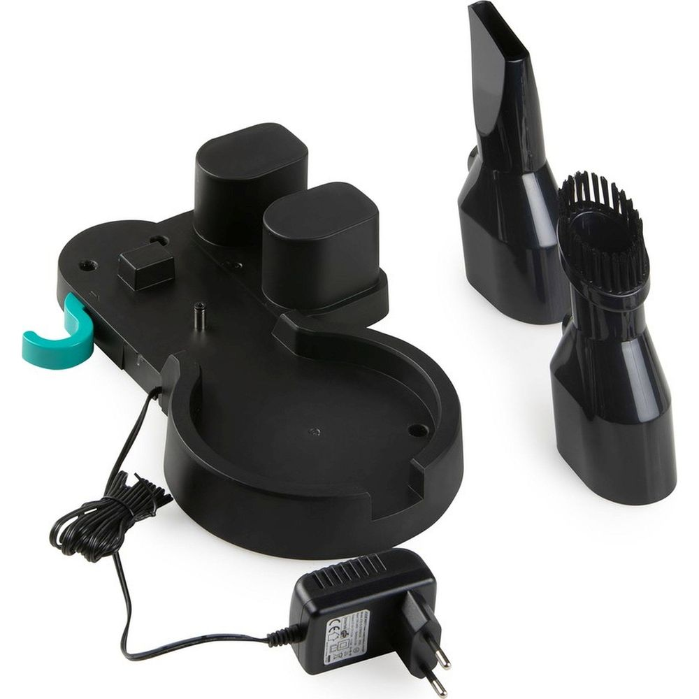 Station de recharge pour aspirateur à main avec accessoires et adaptateur.