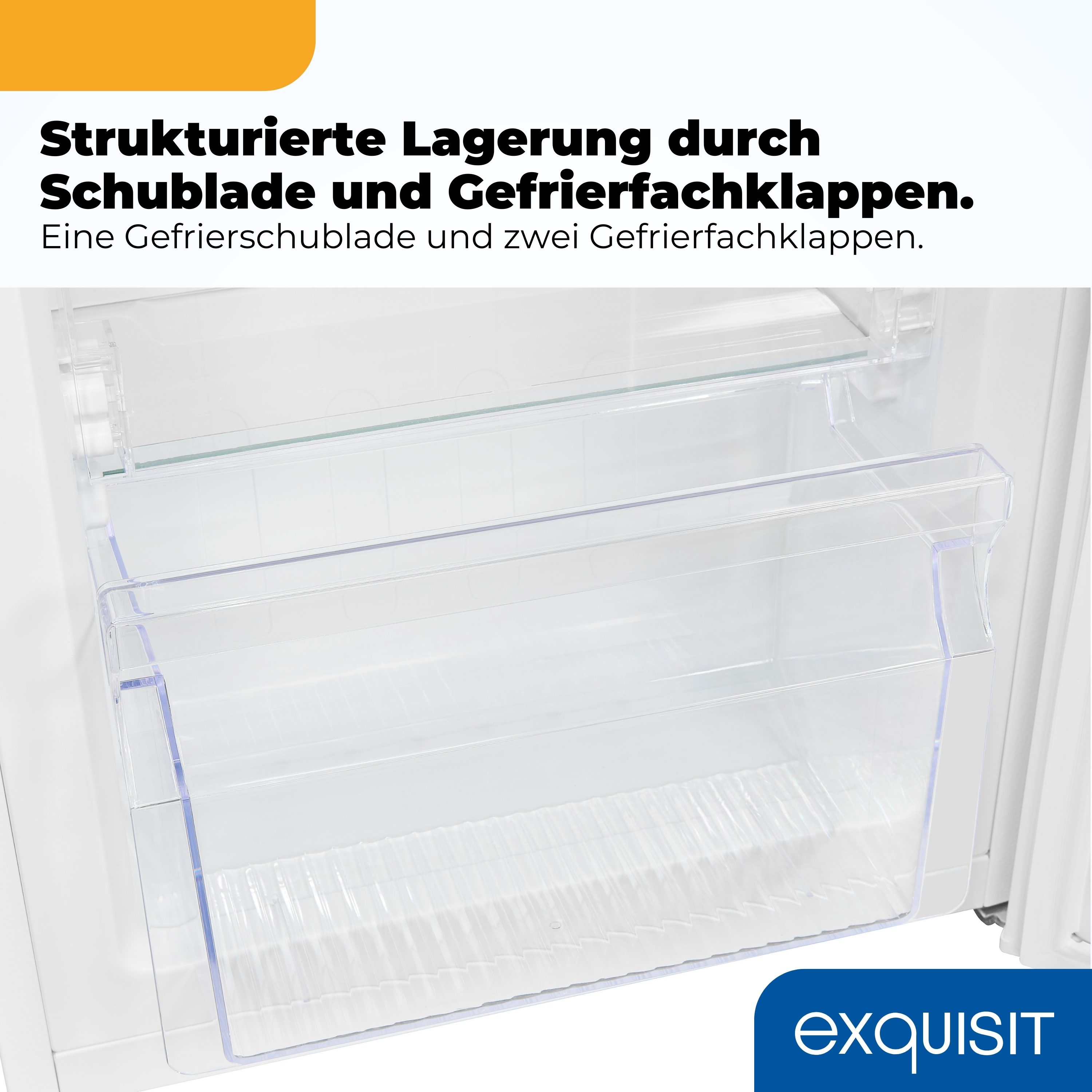 Eine transparente Schublade und zwei Klappen im Gefrierfach.