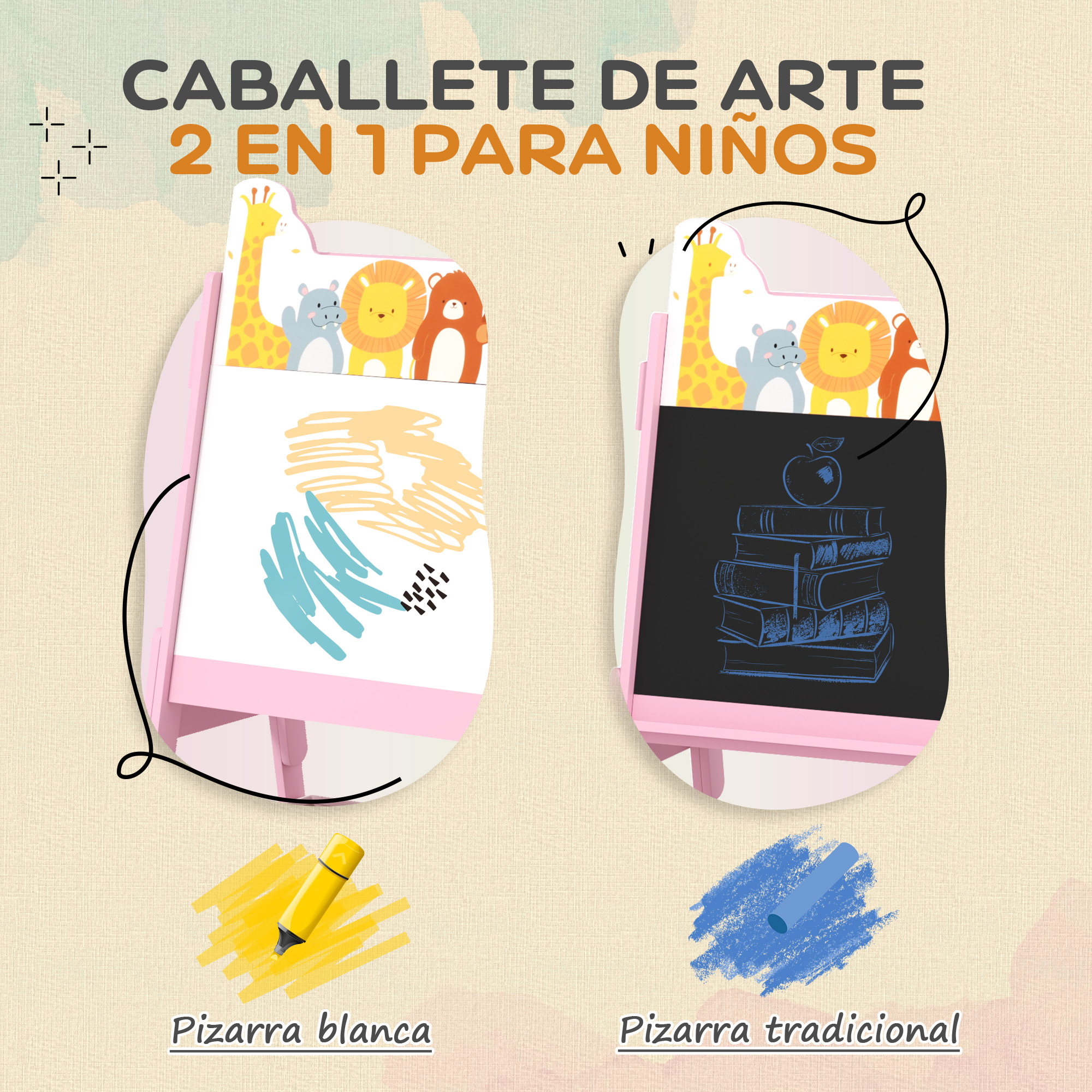 Un caballete infantil de doble cara con dibujos de animales y rotuladores.