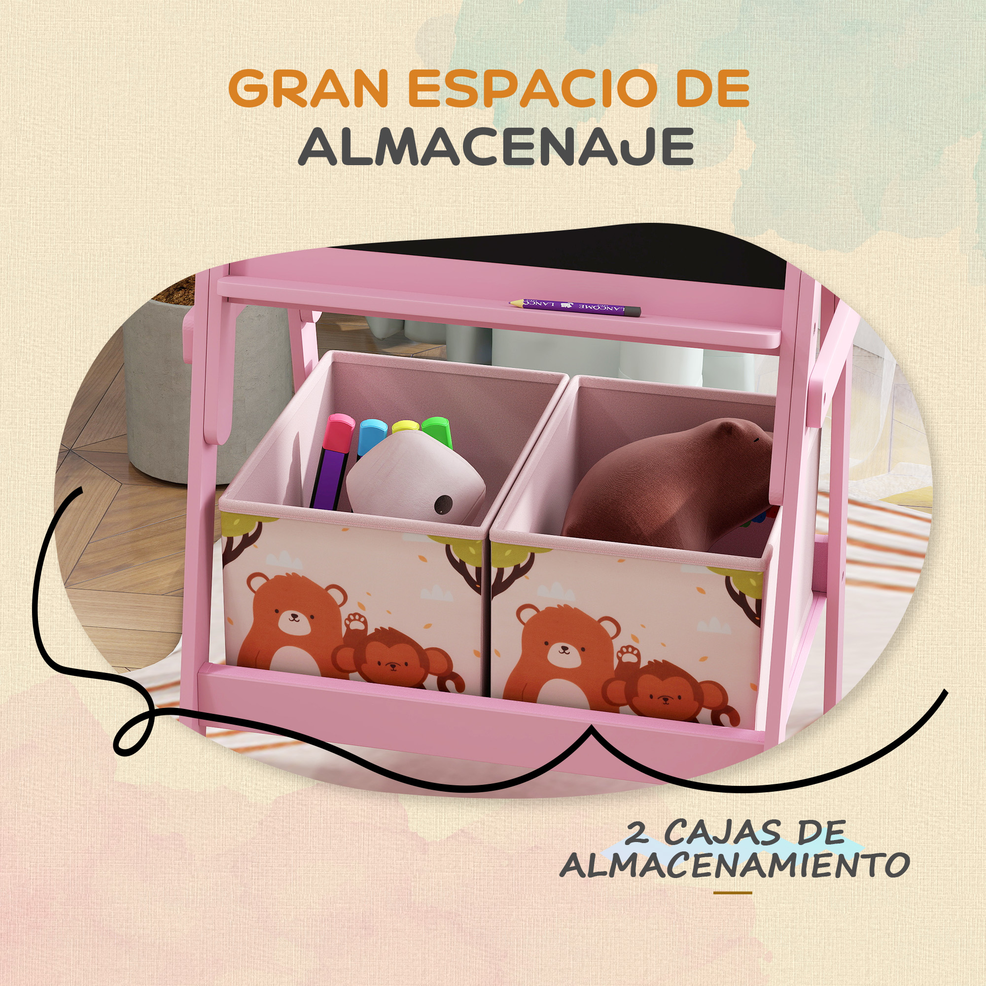 Un estante rosa con dos cajas de almacenamiento decoradas con osos y monos.