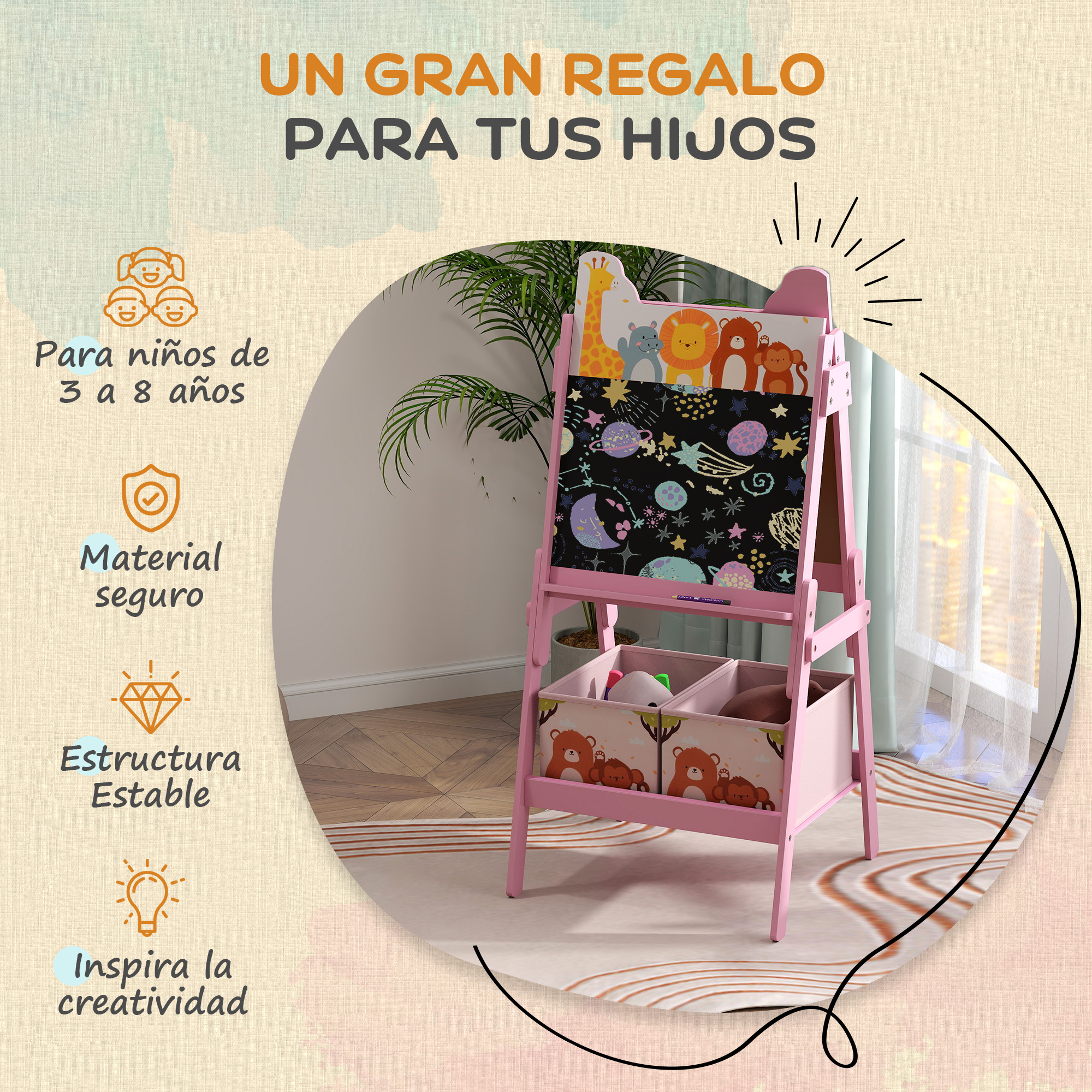 Un caballete infantil rosa con cajas de almacenamiento y diseños de animales.
