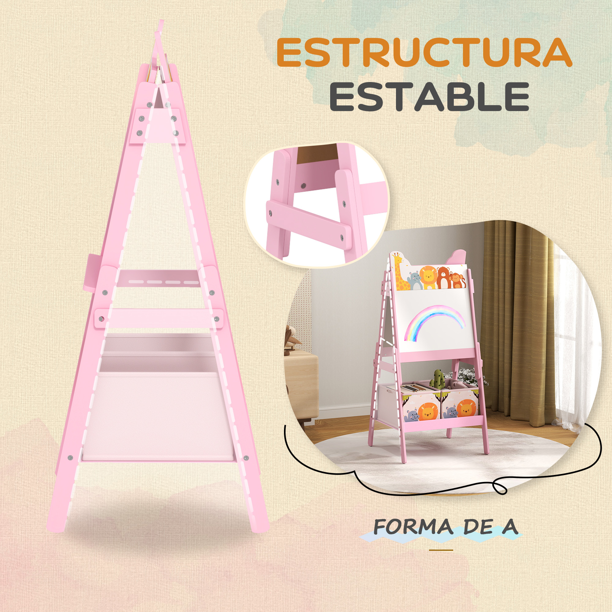 Un organizador de caballete rosa con contenedores y pizarra.