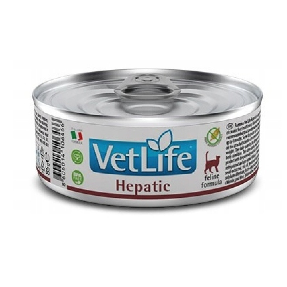 Puszka karmy dla kotów VetLife Hepatic z wieczkiem na pierścień.