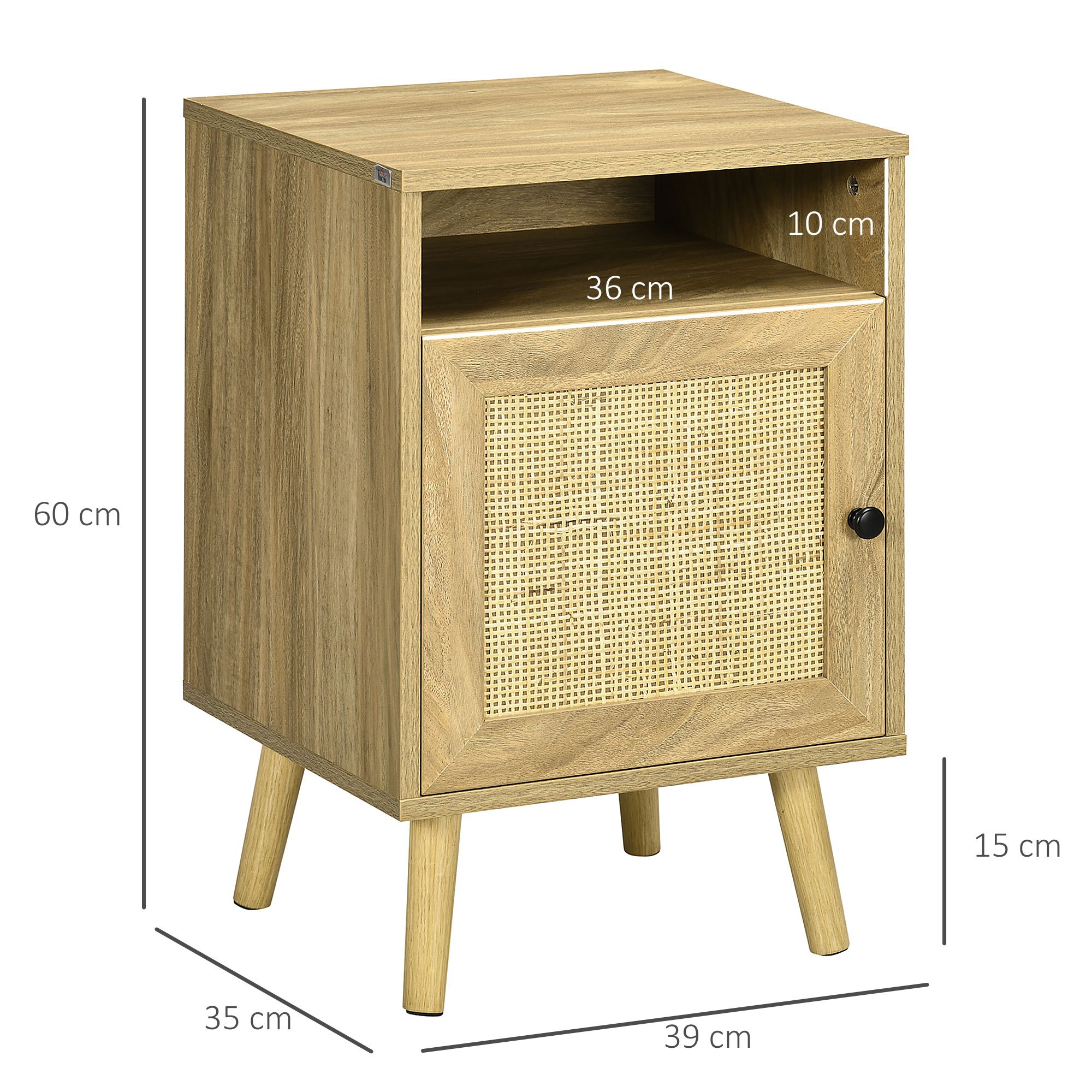 Una mesita de noche de madera con un estante abierto y una puerta de ratán.