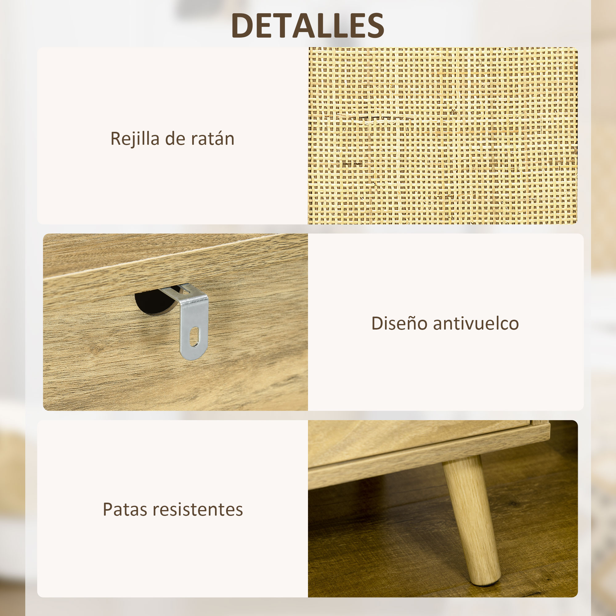 Detalles: Rejilla de ratán, diseño antivuelco, patas robustas.