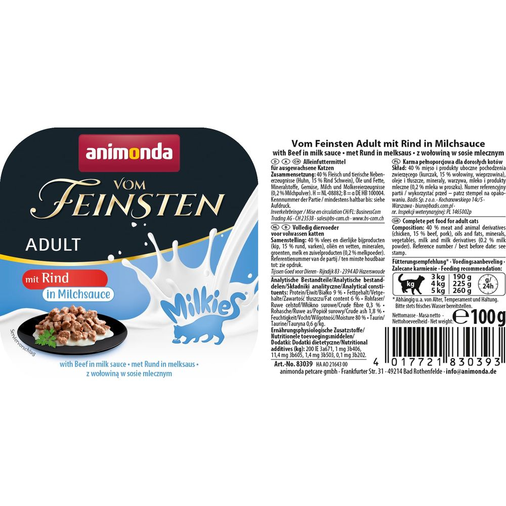Puszka karmy dla kota z wołowiną w sosie mlecznym, "Vom Feinsten Adult" Animonda.