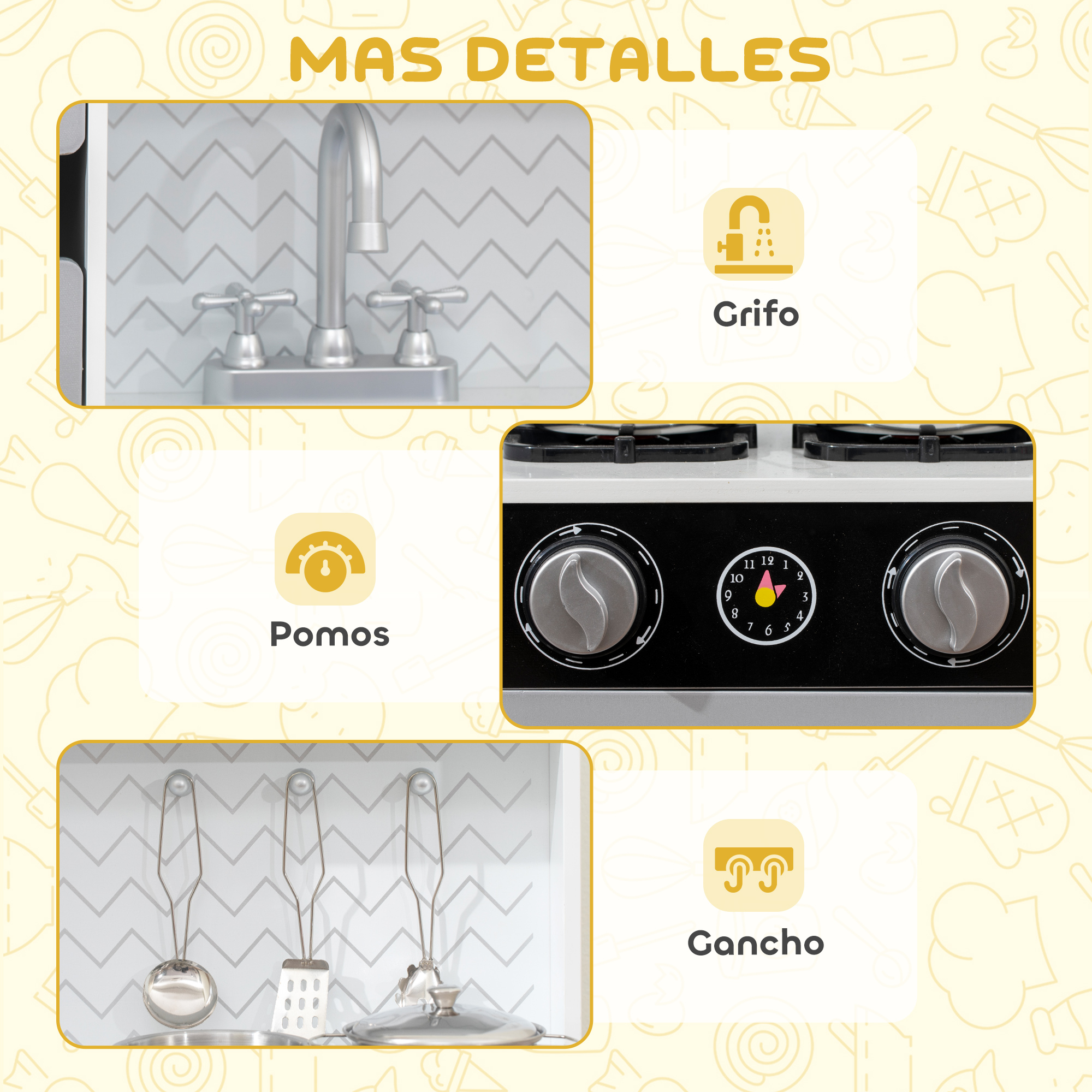 Primer plano de una cocina de juguete con grifo, mandos y utensilios.