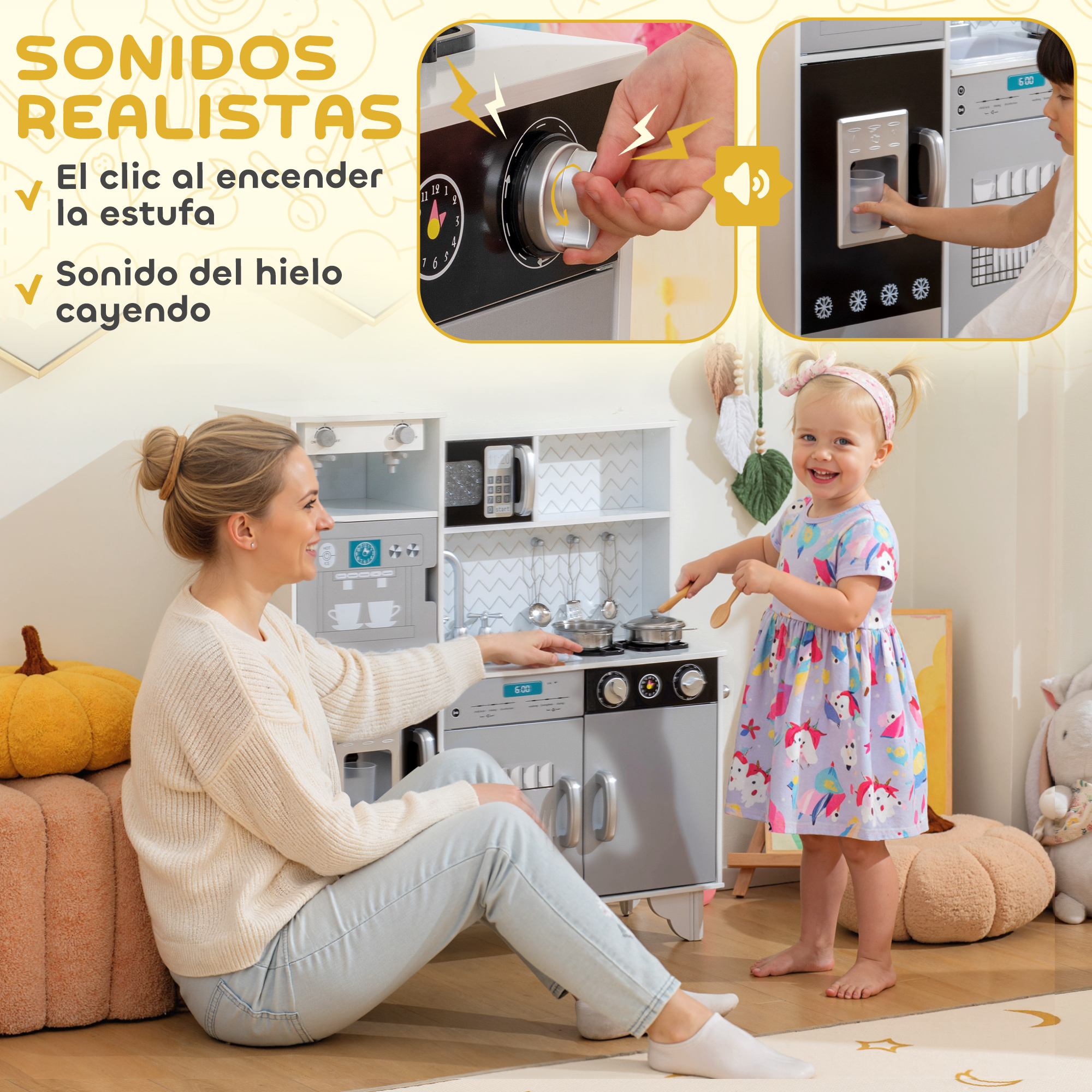 Mujer y niña juegan con una cocina de juguete con sonidos realistas.