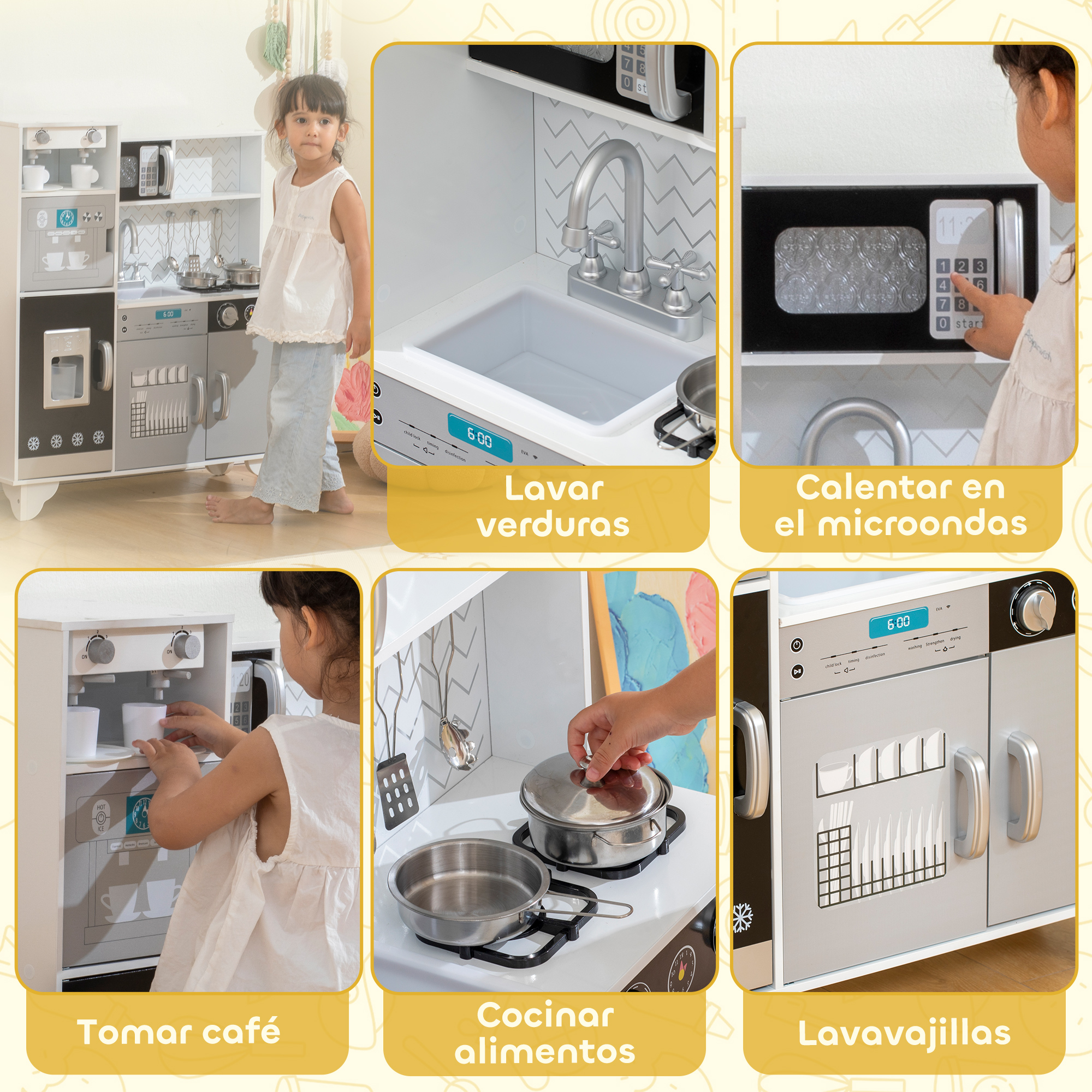 Cocina de juguete con niña: cafetera, fregadero, microondas, estufa y lavavajillas.