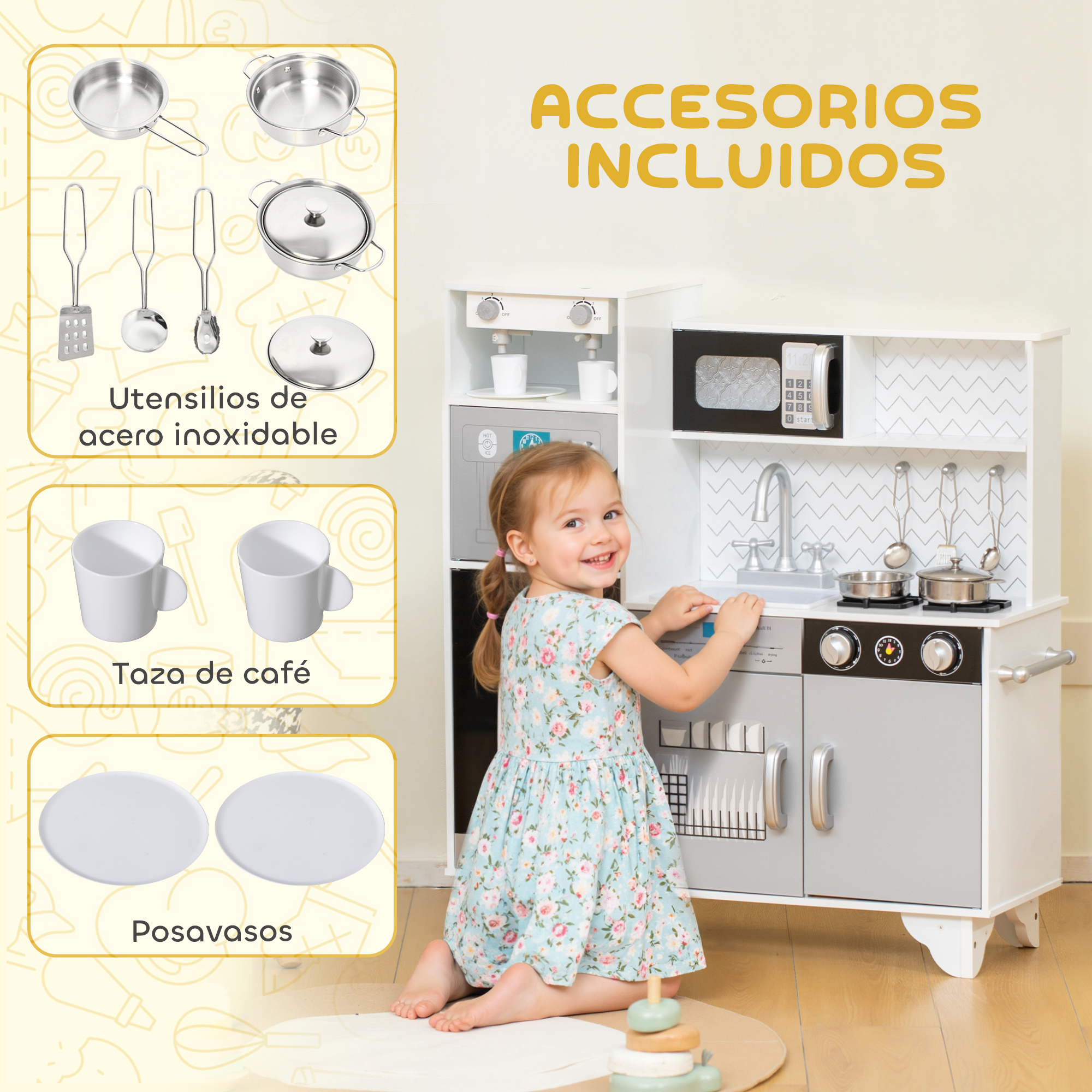 Una niña juega con una cocinita de juguete; se muestran accesorios incluidos.